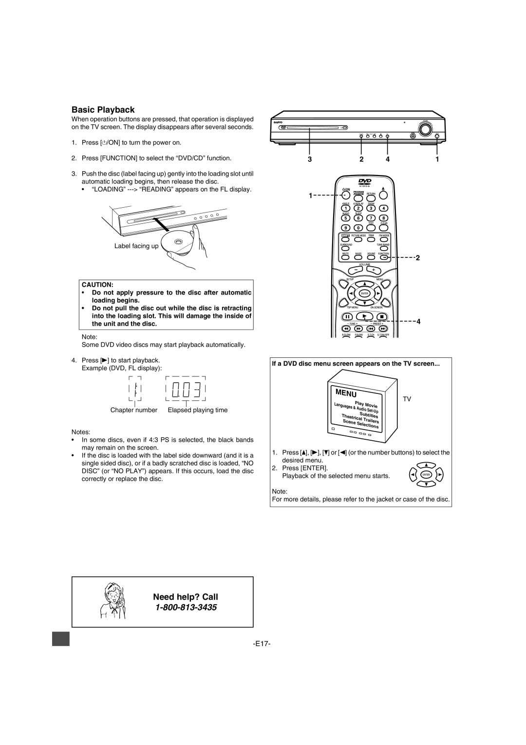 Sanyo DWM-2600 instruction manual Basic Playback, If a DVD disc menu screen appears on the TV screen 