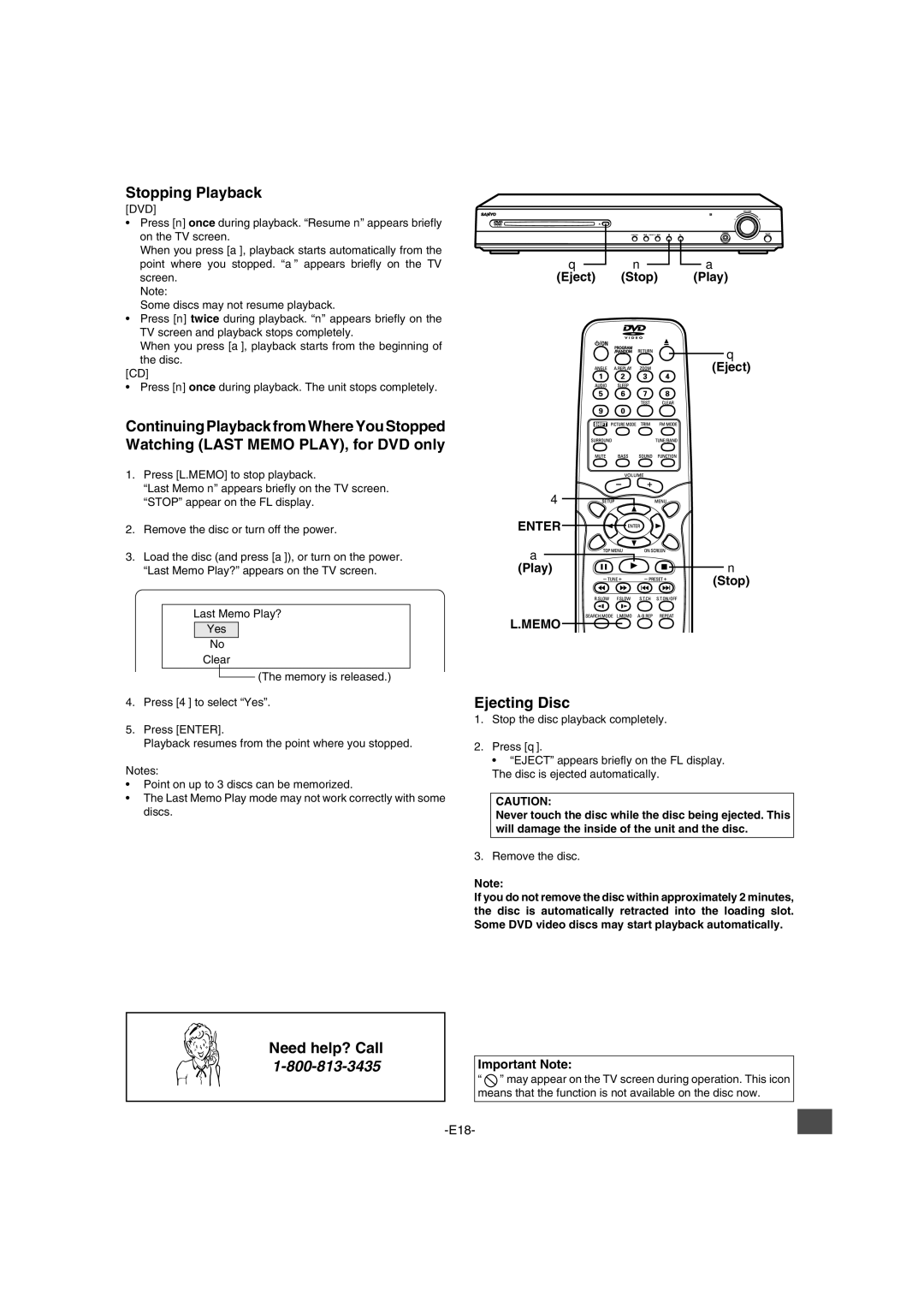 Sanyo DWM-2600 instruction manual Stopping Playback, Ejecting Disc, Enter, Memo 