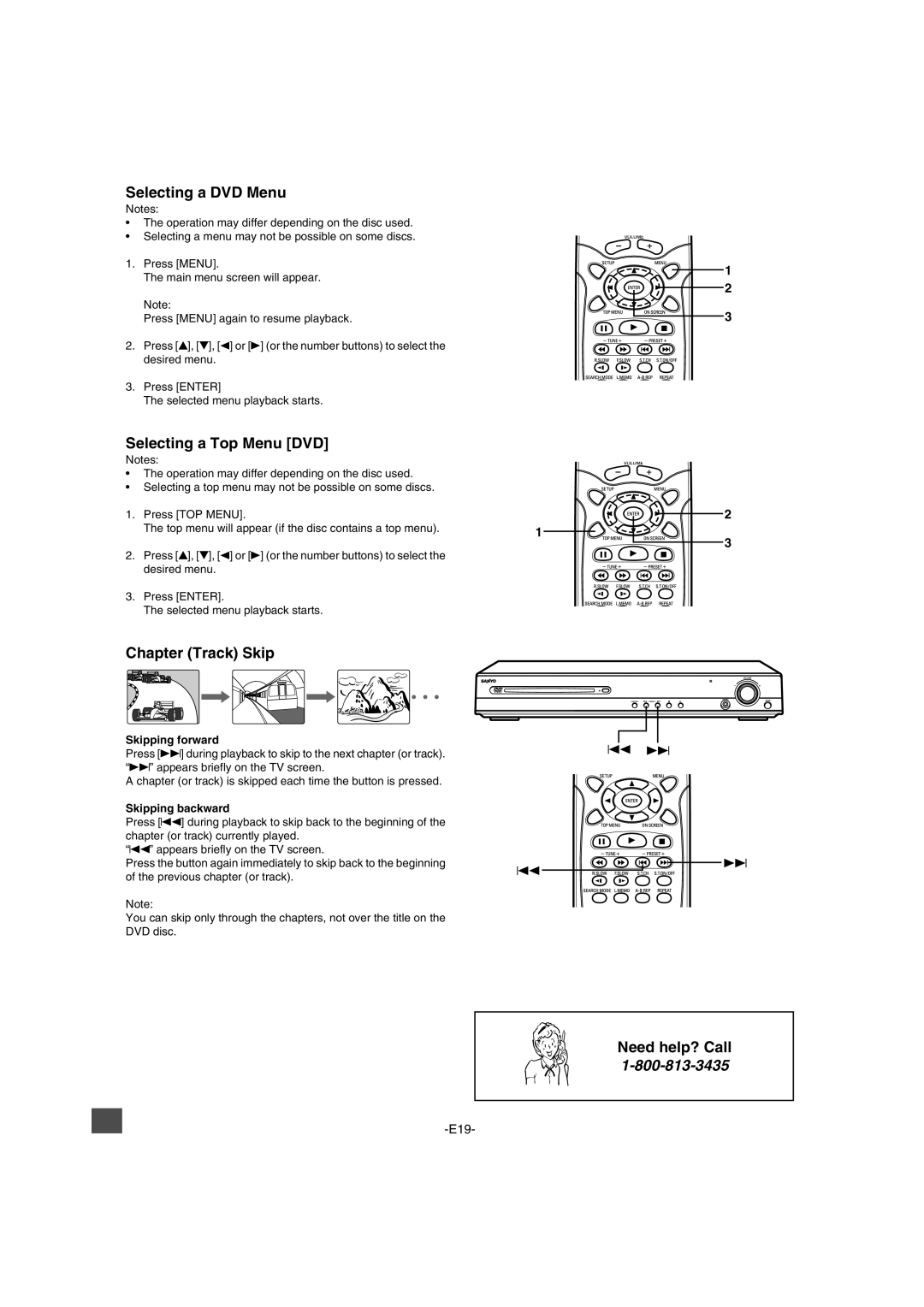 Sanyo DWM-2600 Selecting a DVD Menu, Selecting a Top Menu DVD, Chapter Track Skip, Skipping forward, Skipping backward 