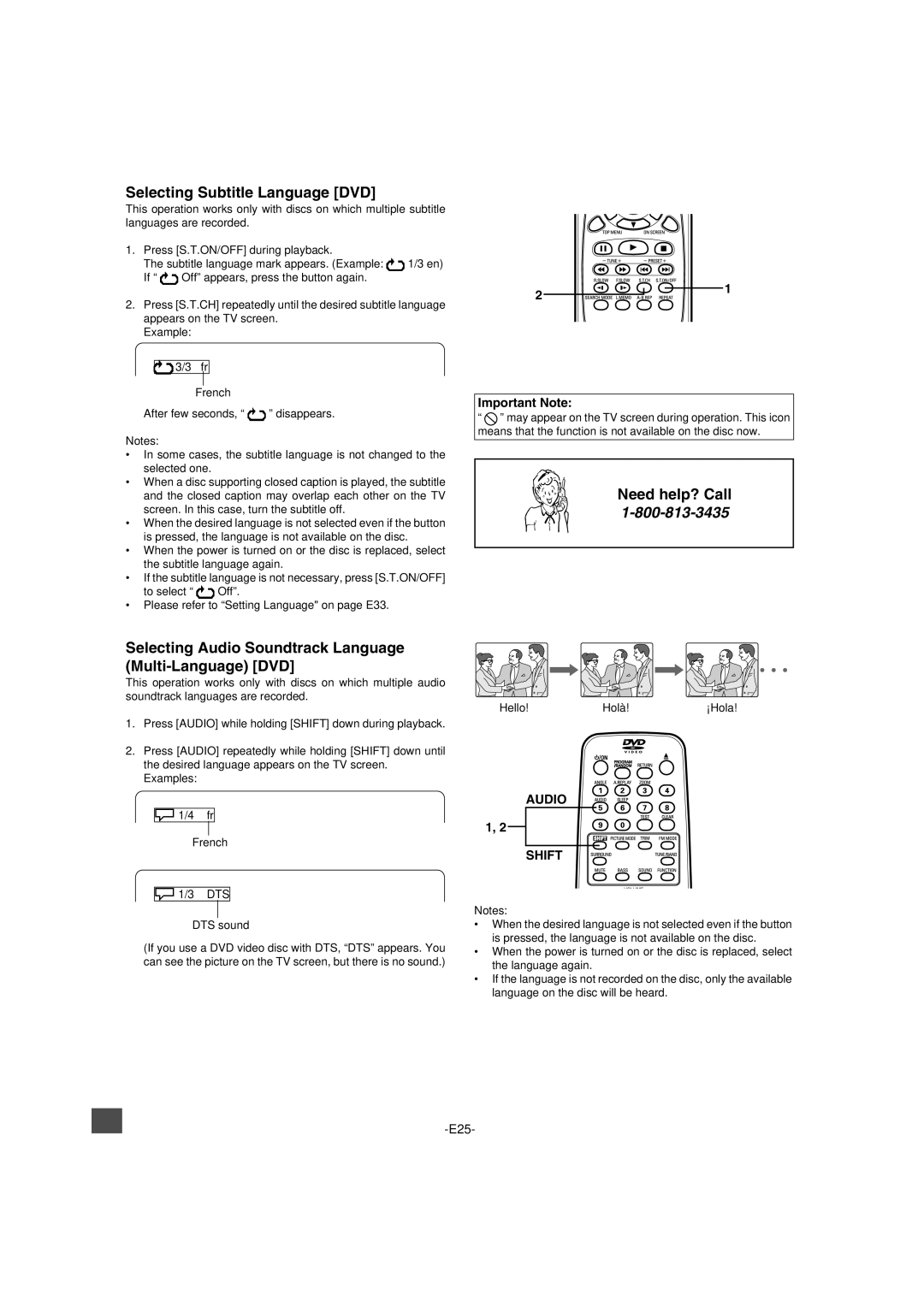 Sanyo DWM-2600 Selecting Subtitle Language DVD, Selecting Audio Soundtrack Language Multi-Language DVD, Audio Shift 