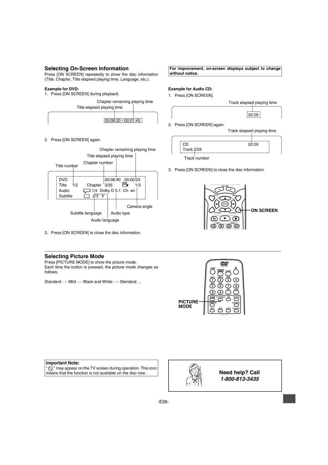 Sanyo DWM-2600 instruction manual Selecting On-Screen Information, Selecting Picture Mode, On Screen, Example for DVD 