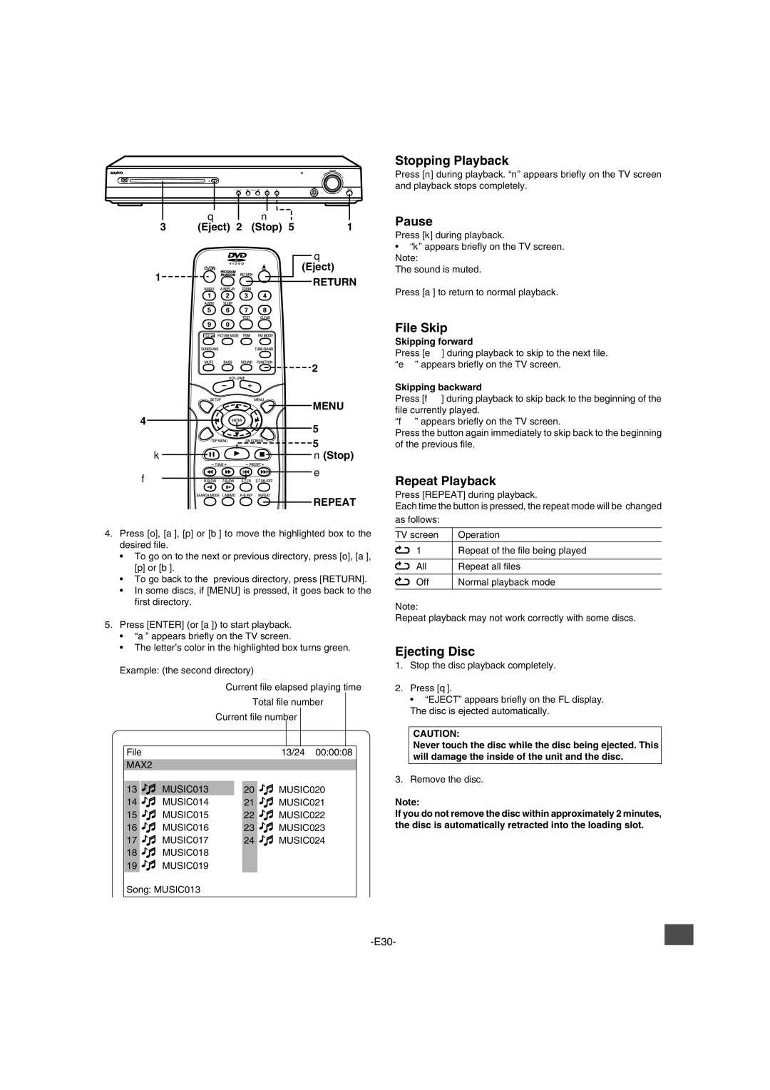 Sanyo DWM-2600 instruction manual Pause, File Skip, Eject Stop, Return Menu 