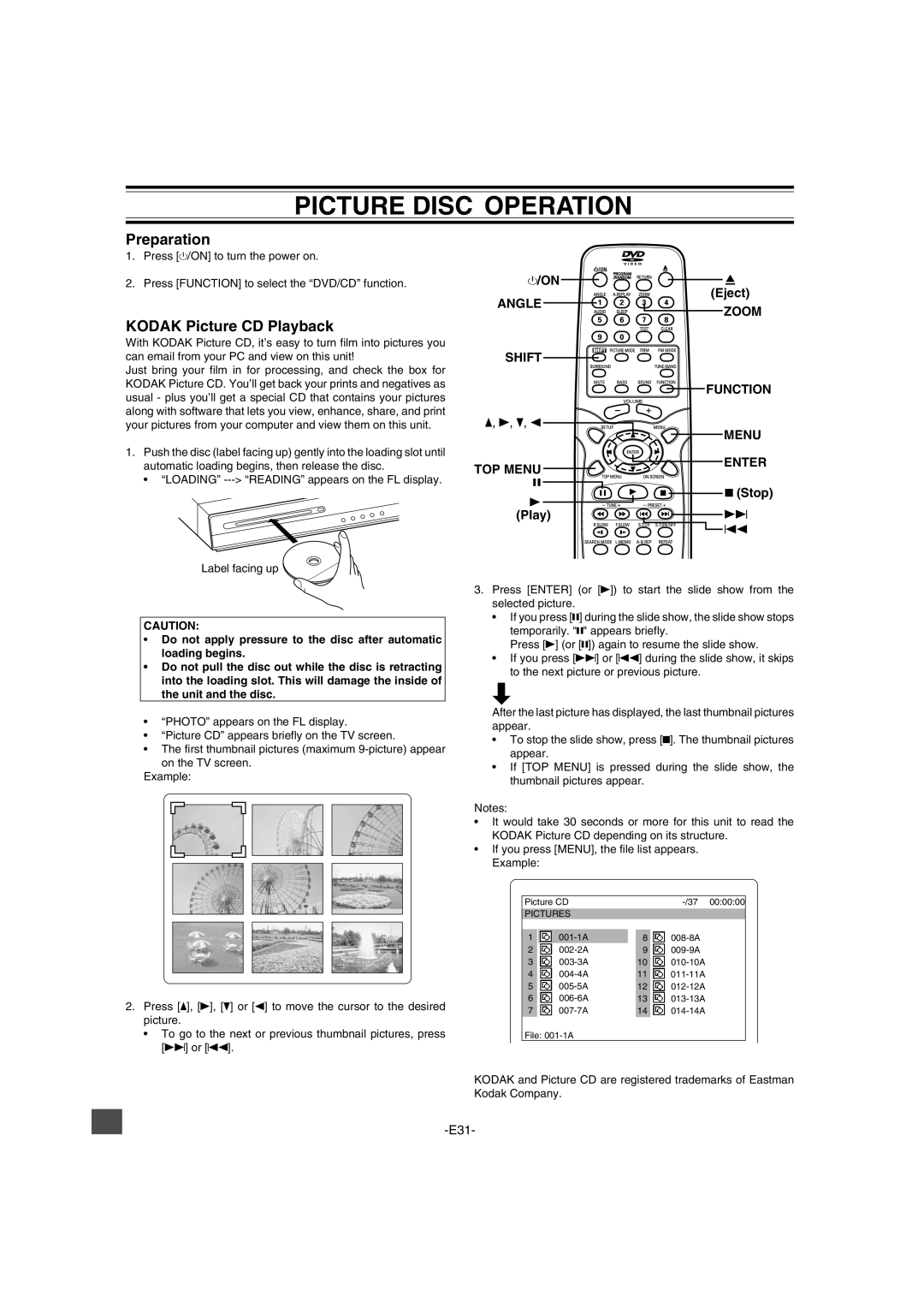 Sanyo DWM-2600 instruction manual Picture Disc Operation, Preparation, Kodak Picture CD Playback 