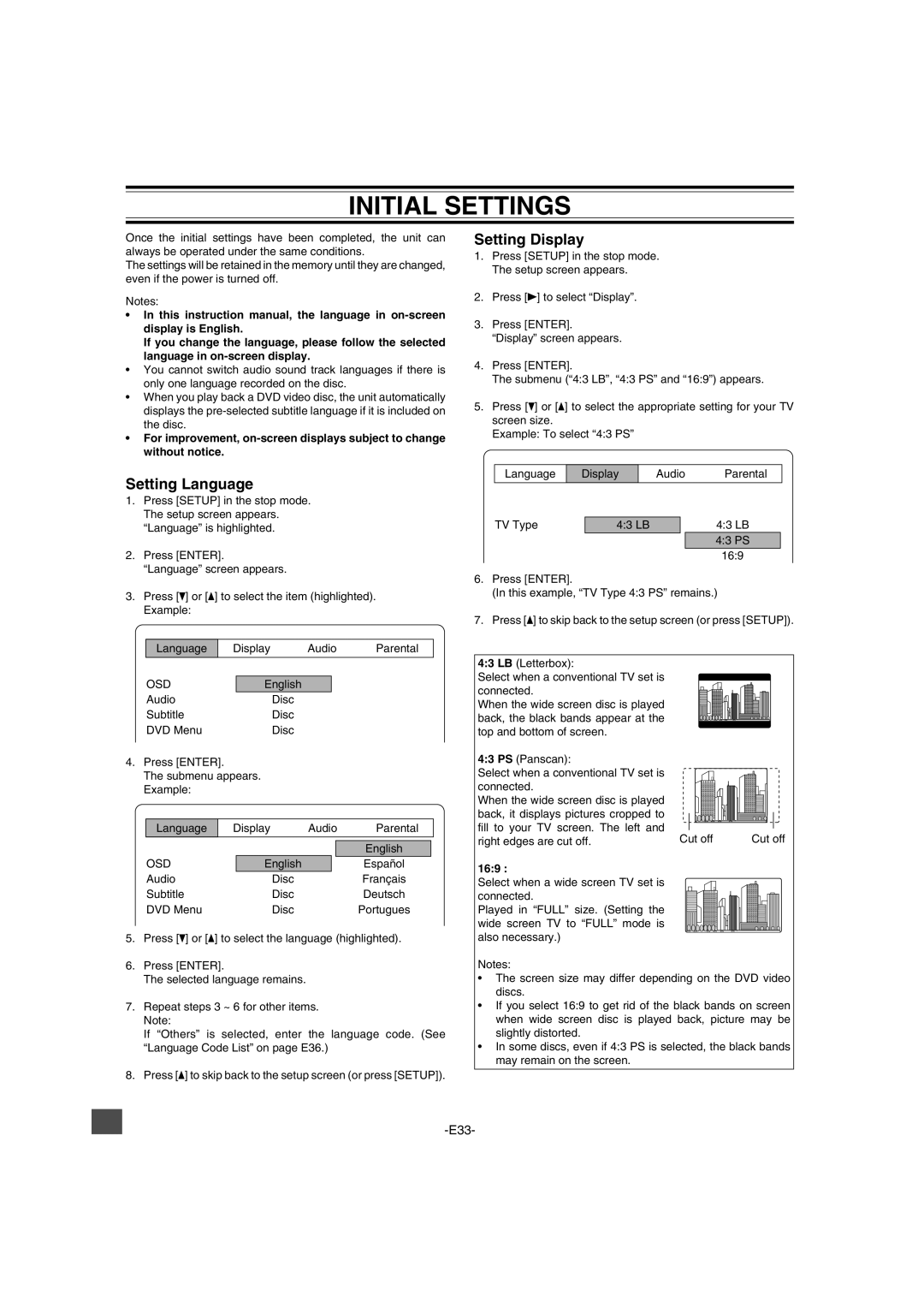 Sanyo DWM-2600 instruction manual Initial Settings, Setting Language, Setting Display, Osd 