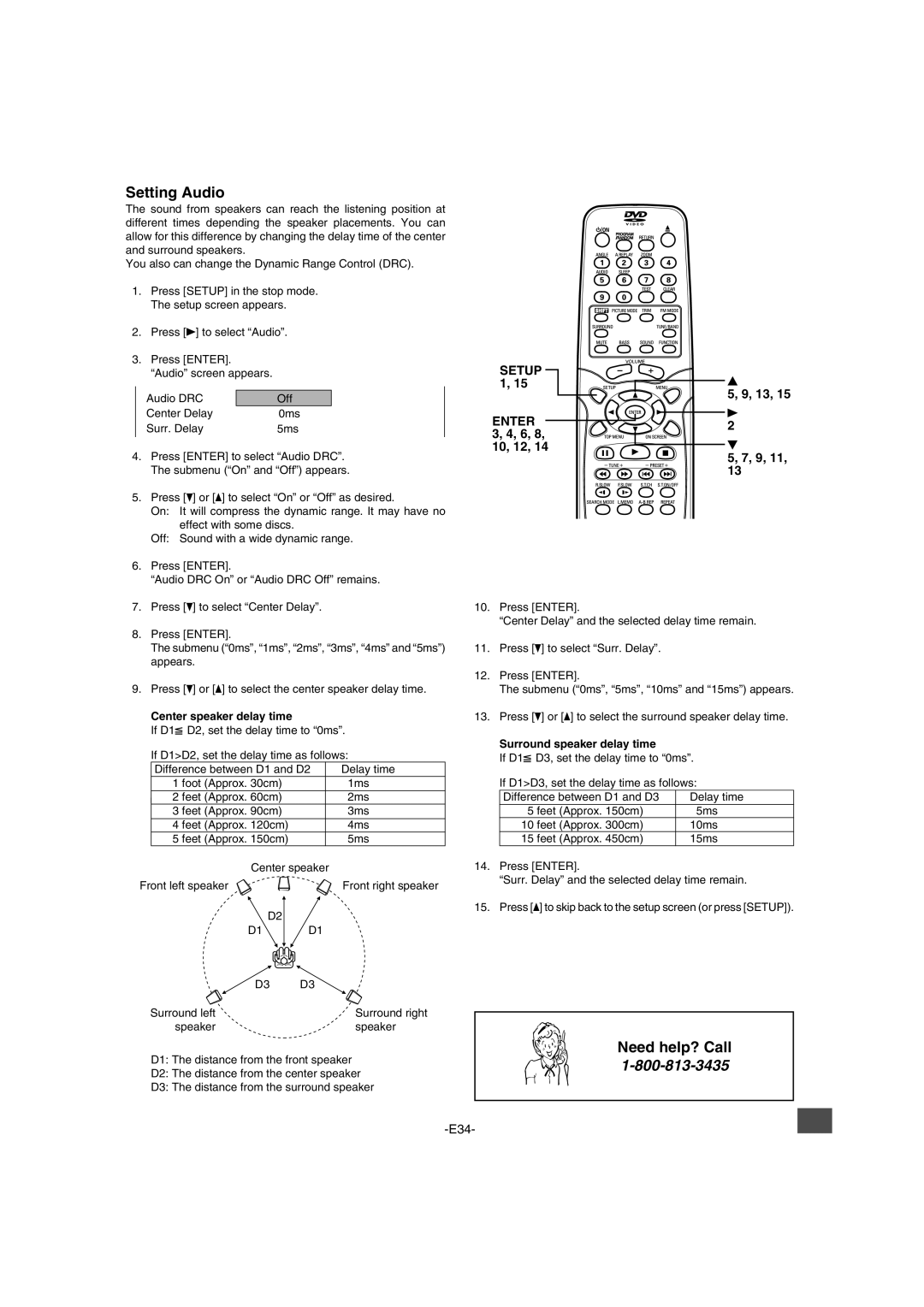 Sanyo DWM-2600 instruction manual Setting Audio, 10, 12, Center speaker delay time, Surround speaker delay time 