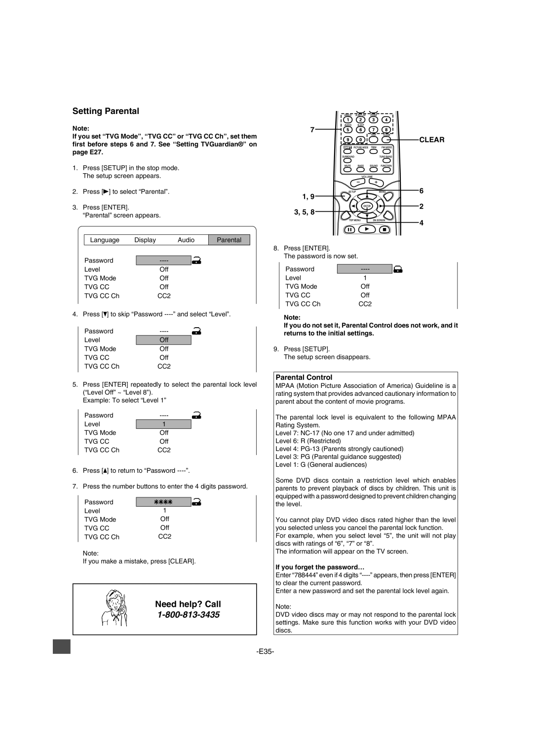 Sanyo DWM-2600 instruction manual Setting Parental, Parental Control, If you forget the password… 