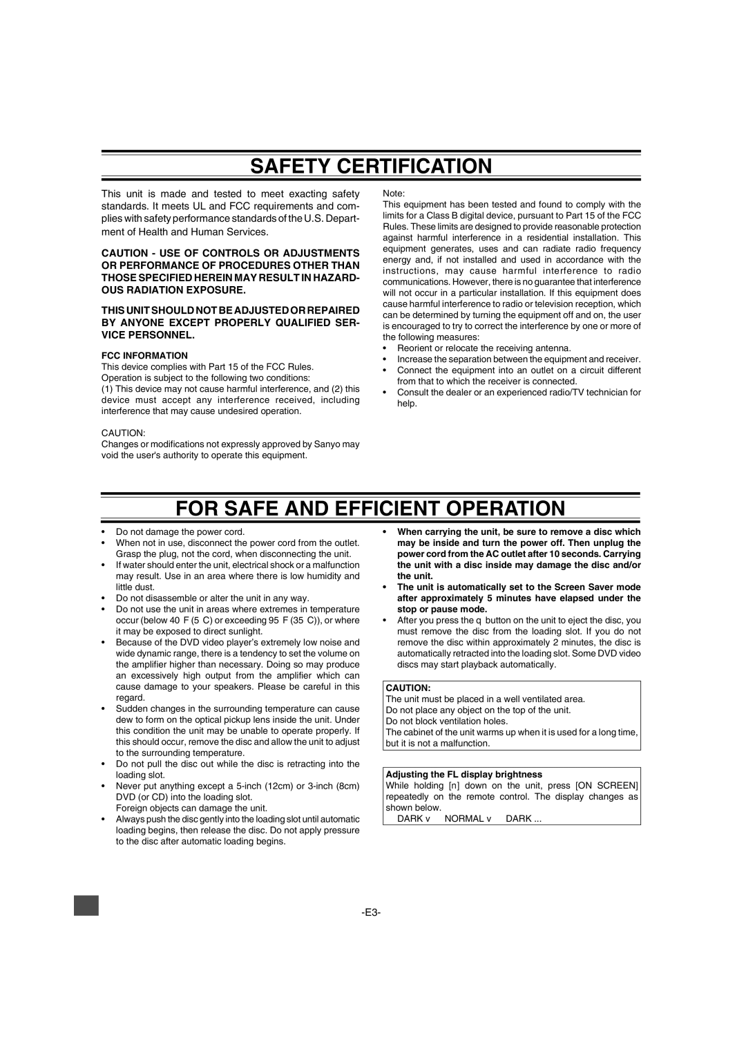 Sanyo DWM-2600 Safety Certification, For Safe and Efficient Operation, Adjusting the FL display brightness 