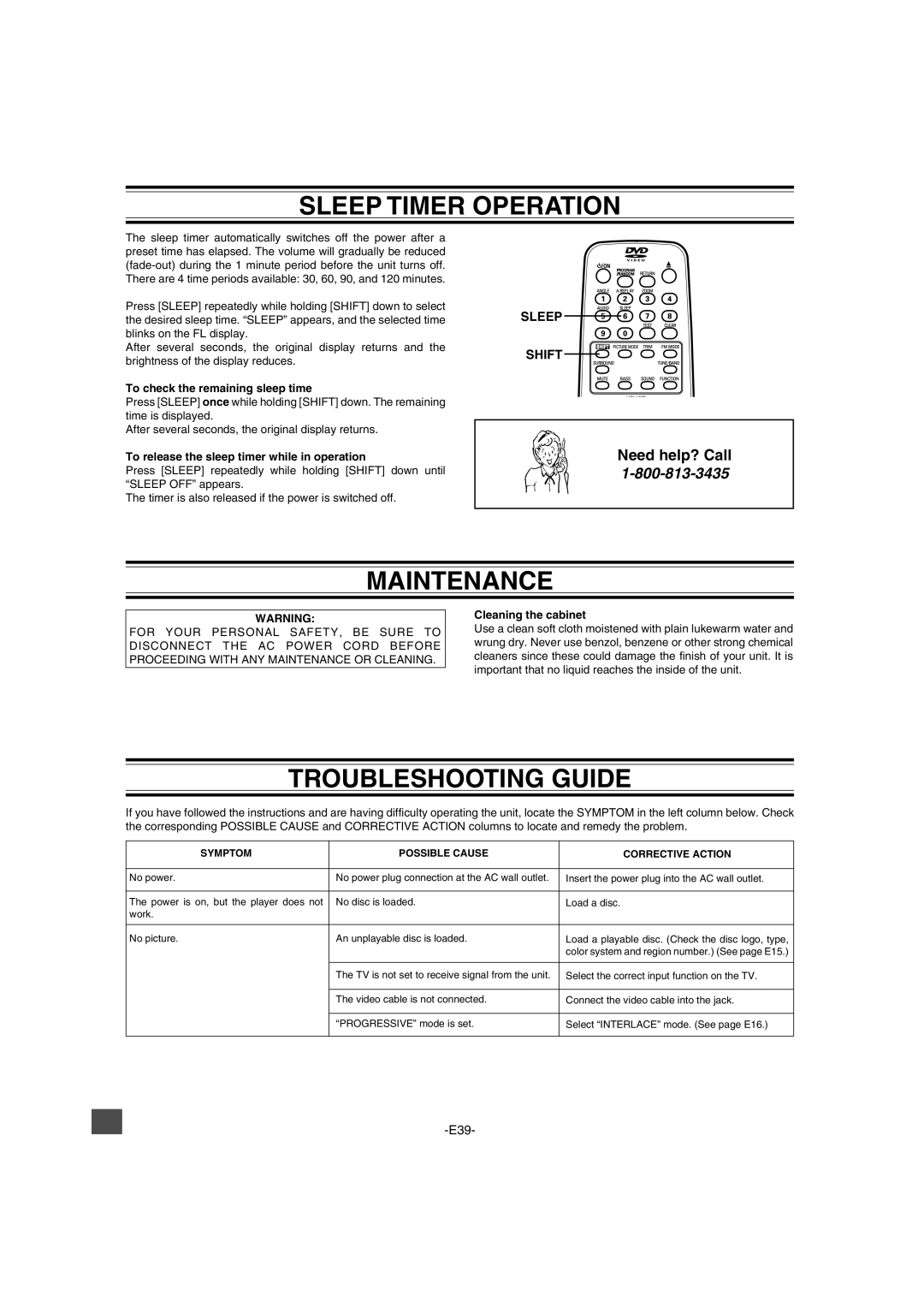 Sanyo DWM-2600 instruction manual Sleep Timer Operation, Maintenance, Troubleshooting Guide, Sleep Shift 