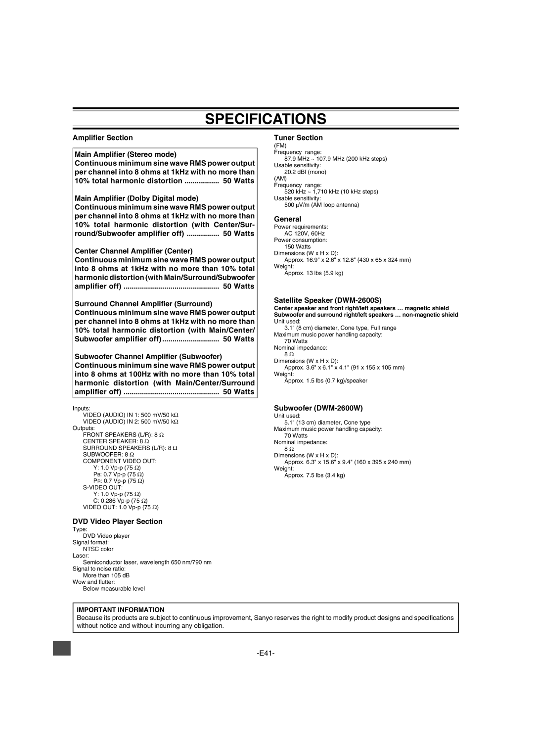 Sanyo DWM-2600 instruction manual Specifications 