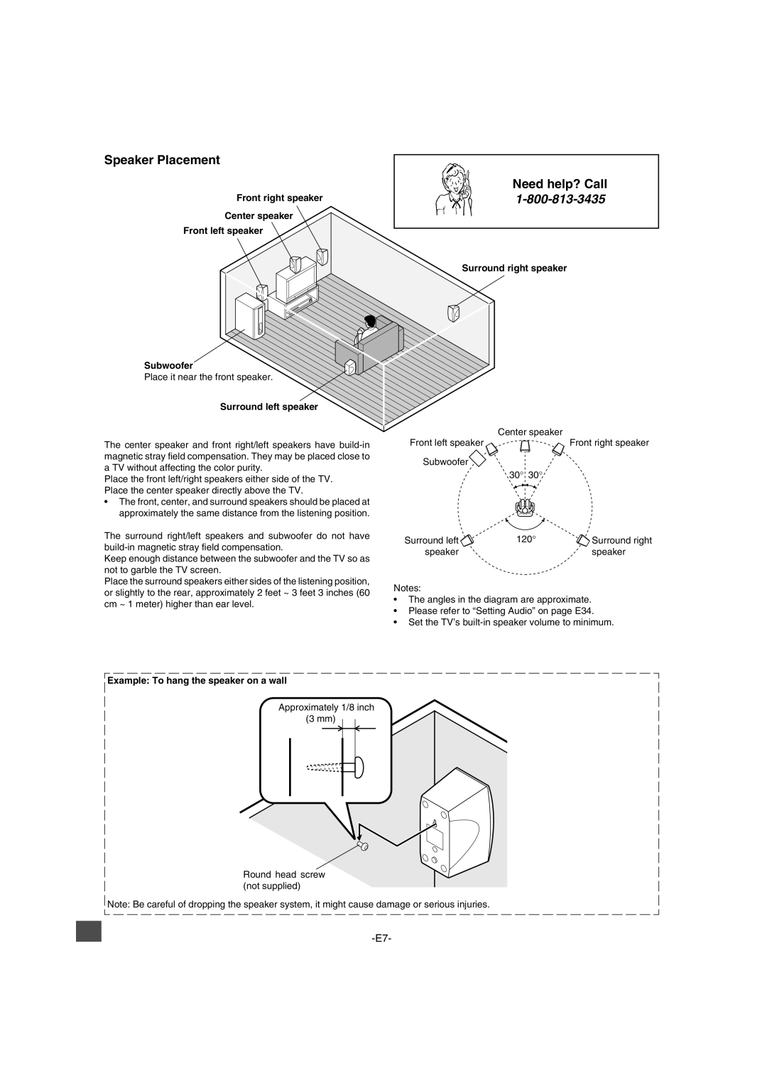 Sanyo DWM-2600 instruction manual Speaker Placement, Surround right speaker, Example To hang the speaker on a wall 