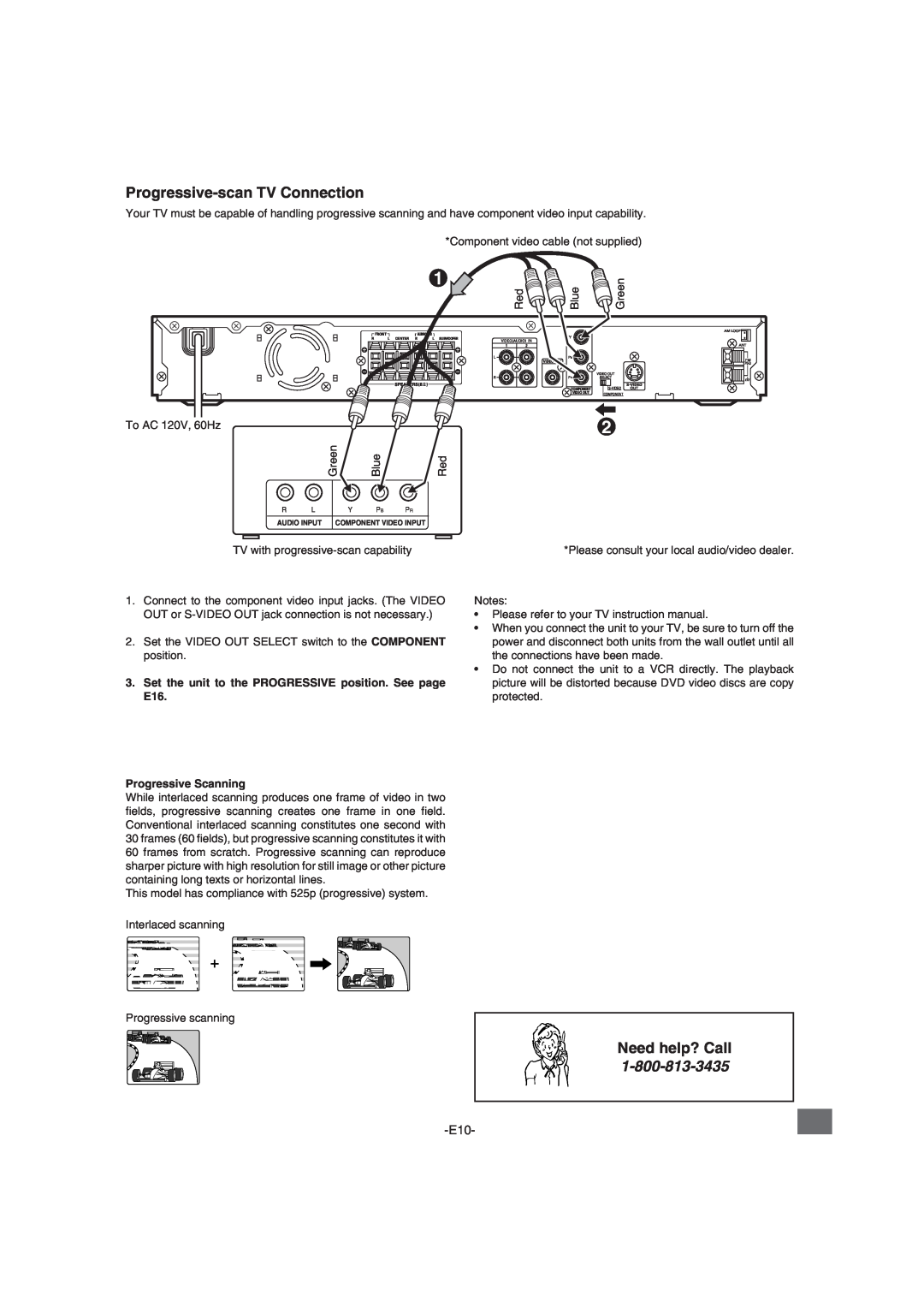 Sanyo DWM-2600 instruction manual Progressive-scanTV Connection, Need help? Call, Progressive Scanning 