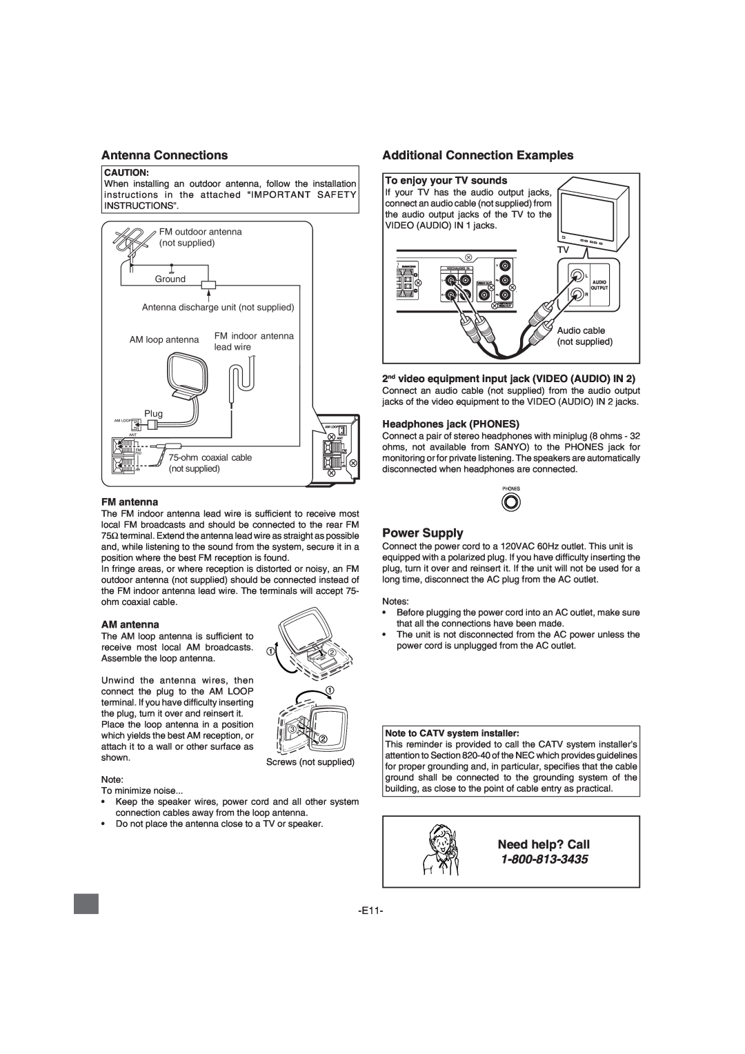 Sanyo DWM-2600 instruction manual Antenna Connections, Additional Connection Examples, Power Supply, Need help? Call 