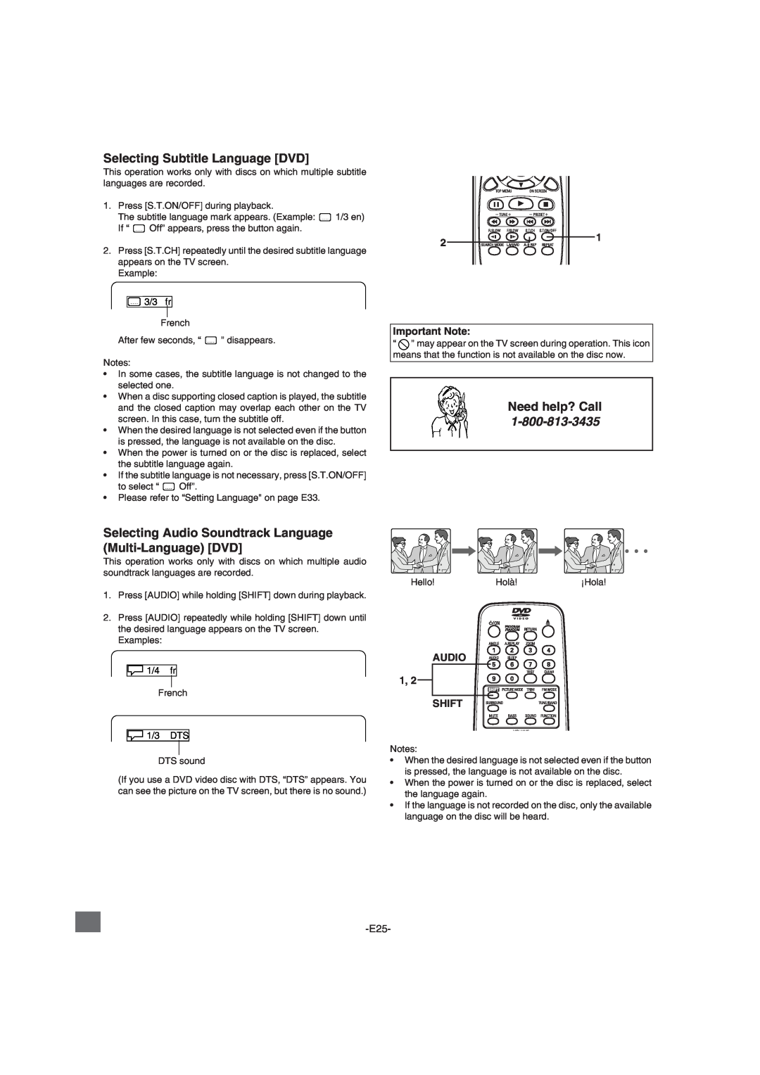 Sanyo DWM-2600 instruction manual Selecting Subtitle Language DVD, Need help? Call, Important Note, AUDIO 1, SHIFT 