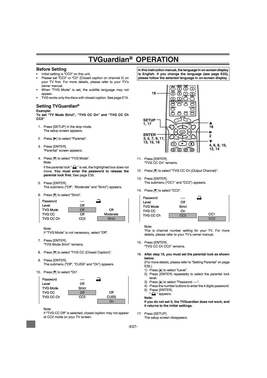 Sanyo DWM-2600 instruction manual TVGuardian OPERATION, Before Setting, Setting TVGuardian 