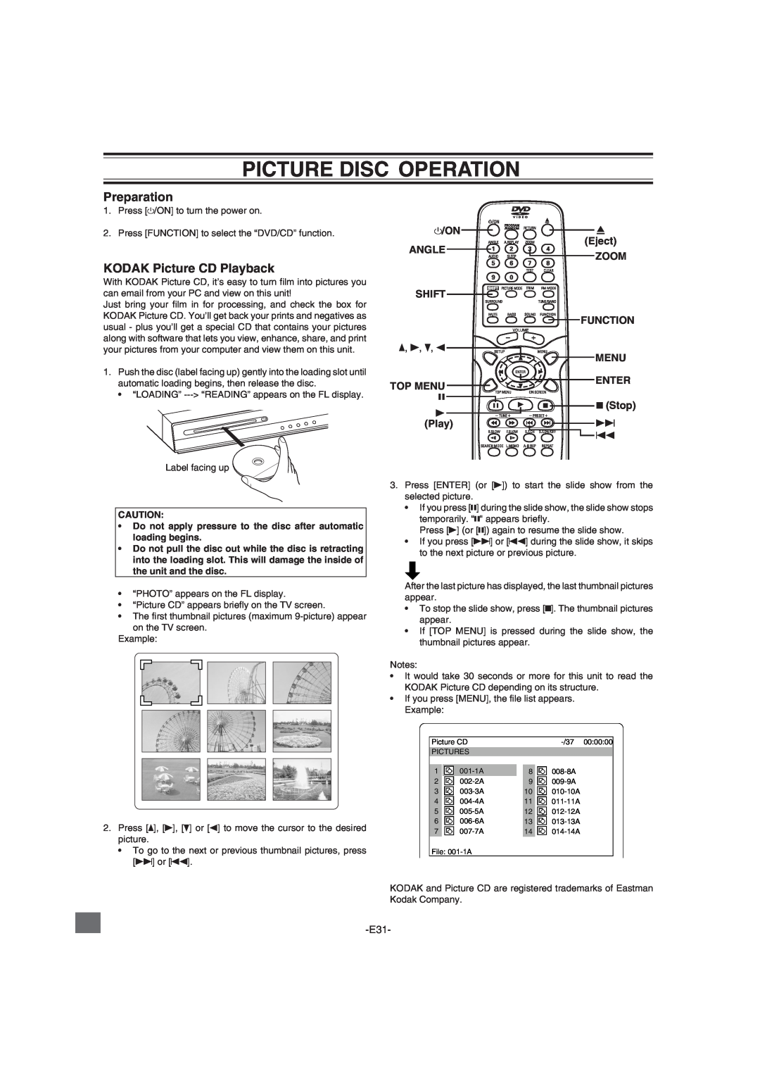 Sanyo DWM-2600 instruction manual Picture Disc Operation, Preparation, KODAK Picture CD Playback 