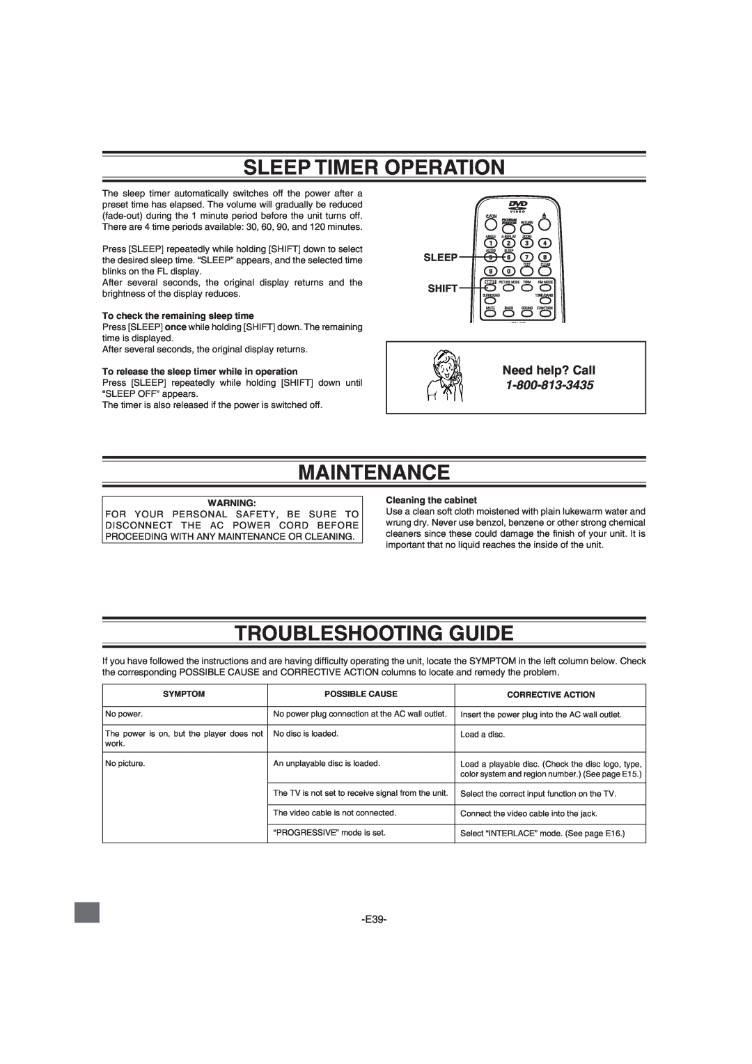 Sanyo DWM-2600 Sleep Timer Operation, Maintenance, Troubleshooting Guide, Need help? Call, Cleaning the cabinet 