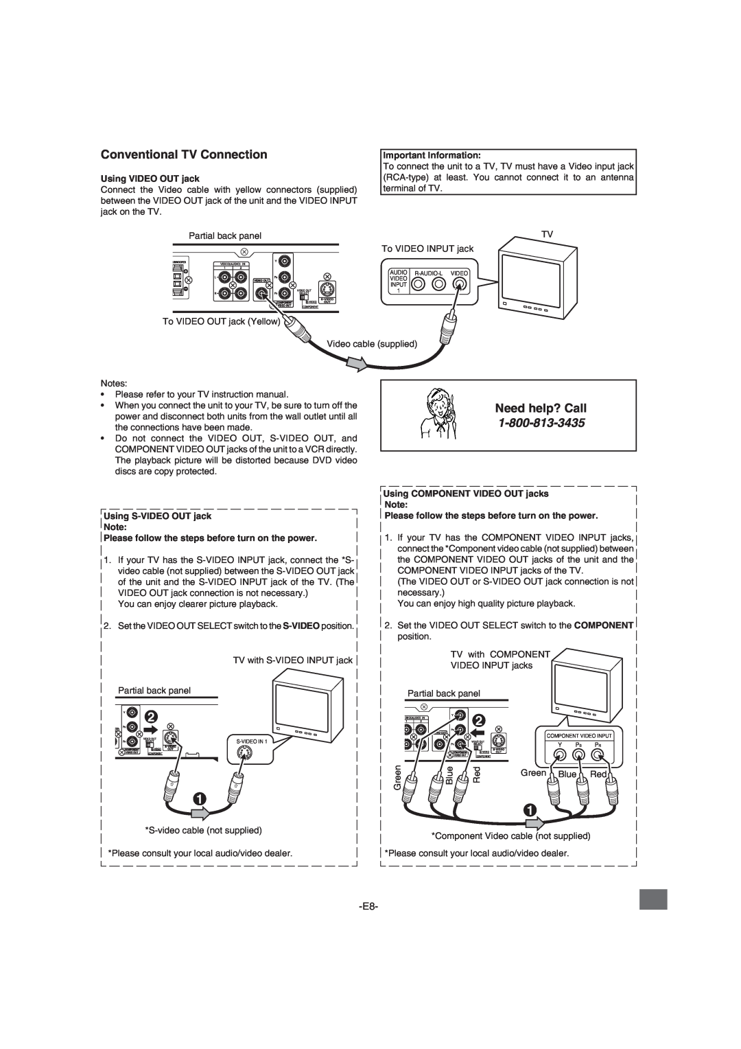 Sanyo DWM-2600 instruction manual Conventional TV Connection, Need help? Call, Using VIDEO OUT jack, Important Information 