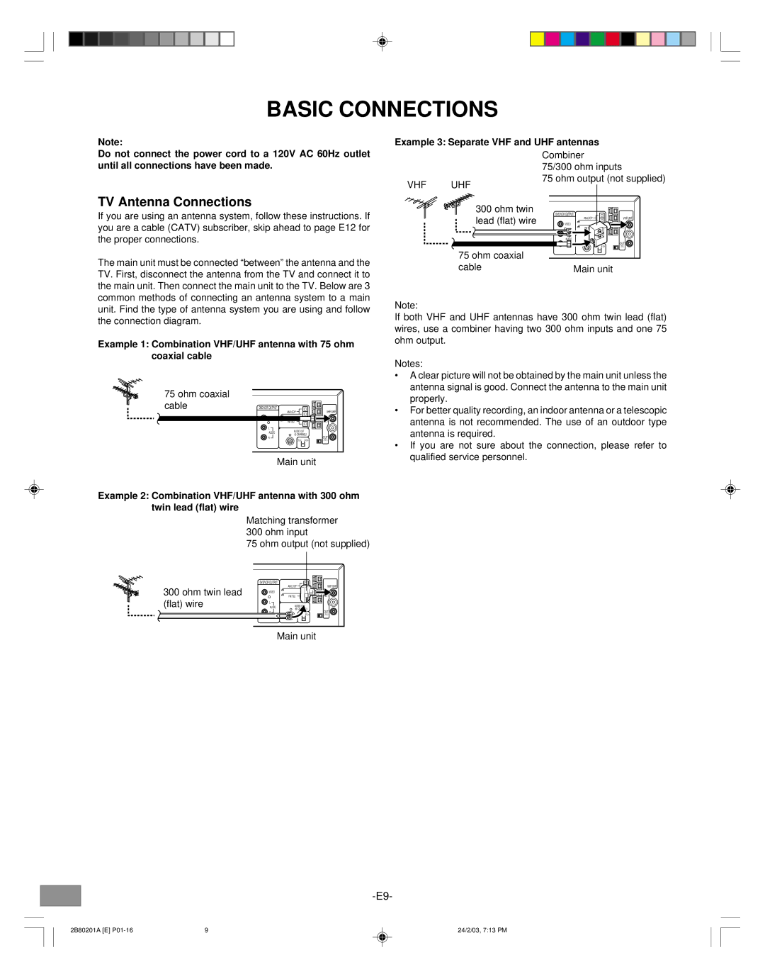 Sanyo DWM-3500 instruction manual Basic Connections, TV Antenna Connections 