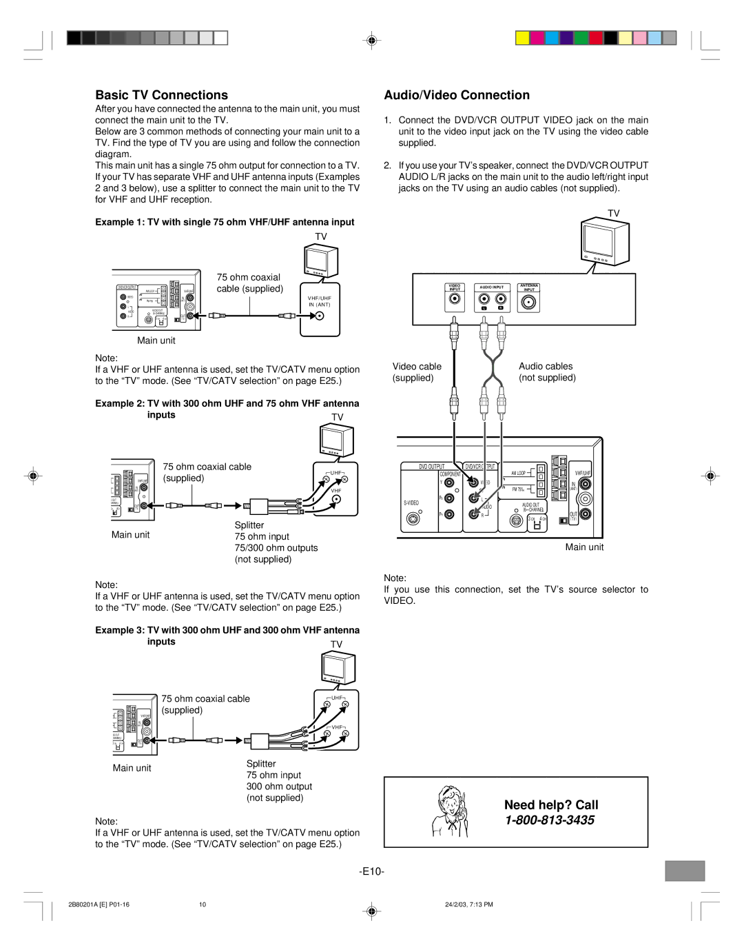 Sanyo DWM-3500 instruction manual Basic TV Connections, Audio/Video Connection, Need help? Call 