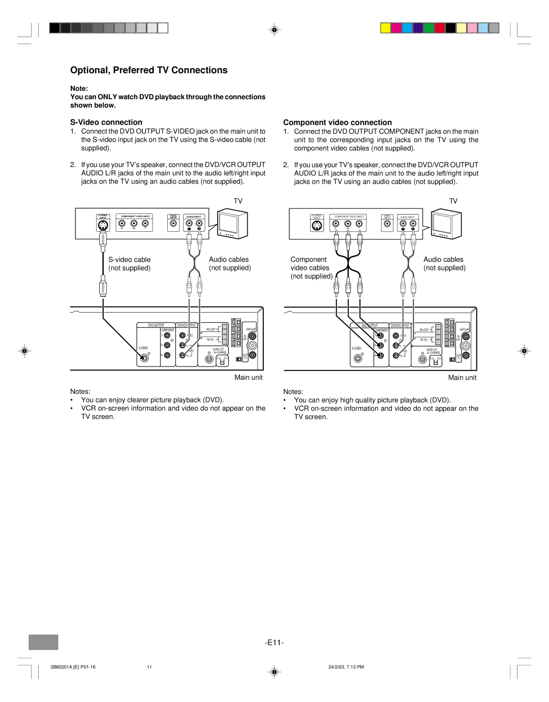 Sanyo DWM-3500 instruction manual Optional, Preferred TV Connections, Video connection, Component video connection 