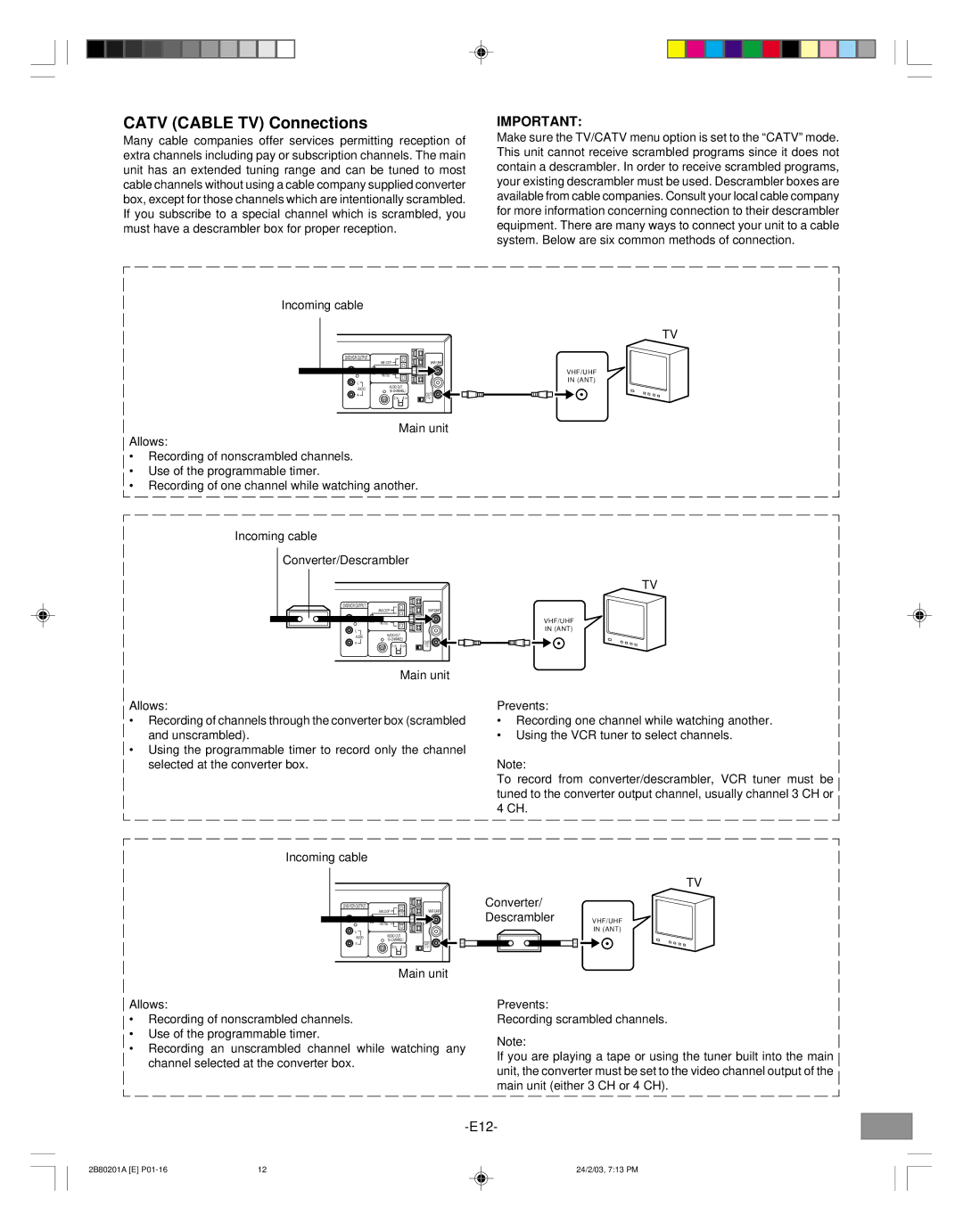 Sanyo DWM-3500 instruction manual Catv Cable TV Connections, Incoming cable 