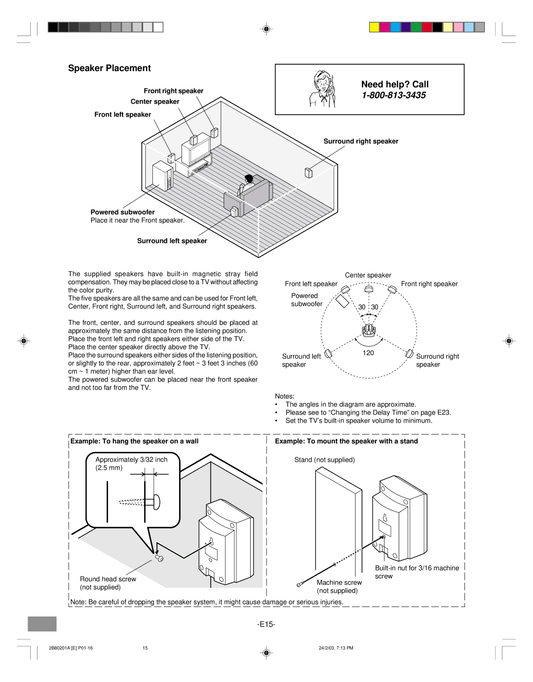 Sanyo DWM-3500 instruction manual Speaker Placement, Place it near the Front speaker, Example To hang the speaker on a wall 