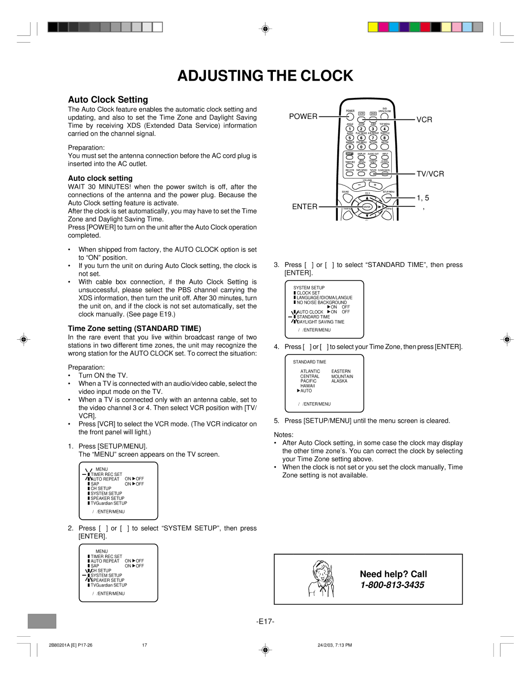 Sanyo DWM-3500 Adjusting the Clock, Auto Clock Setting, Auto clock setting, Time Zone setting Standard Time 