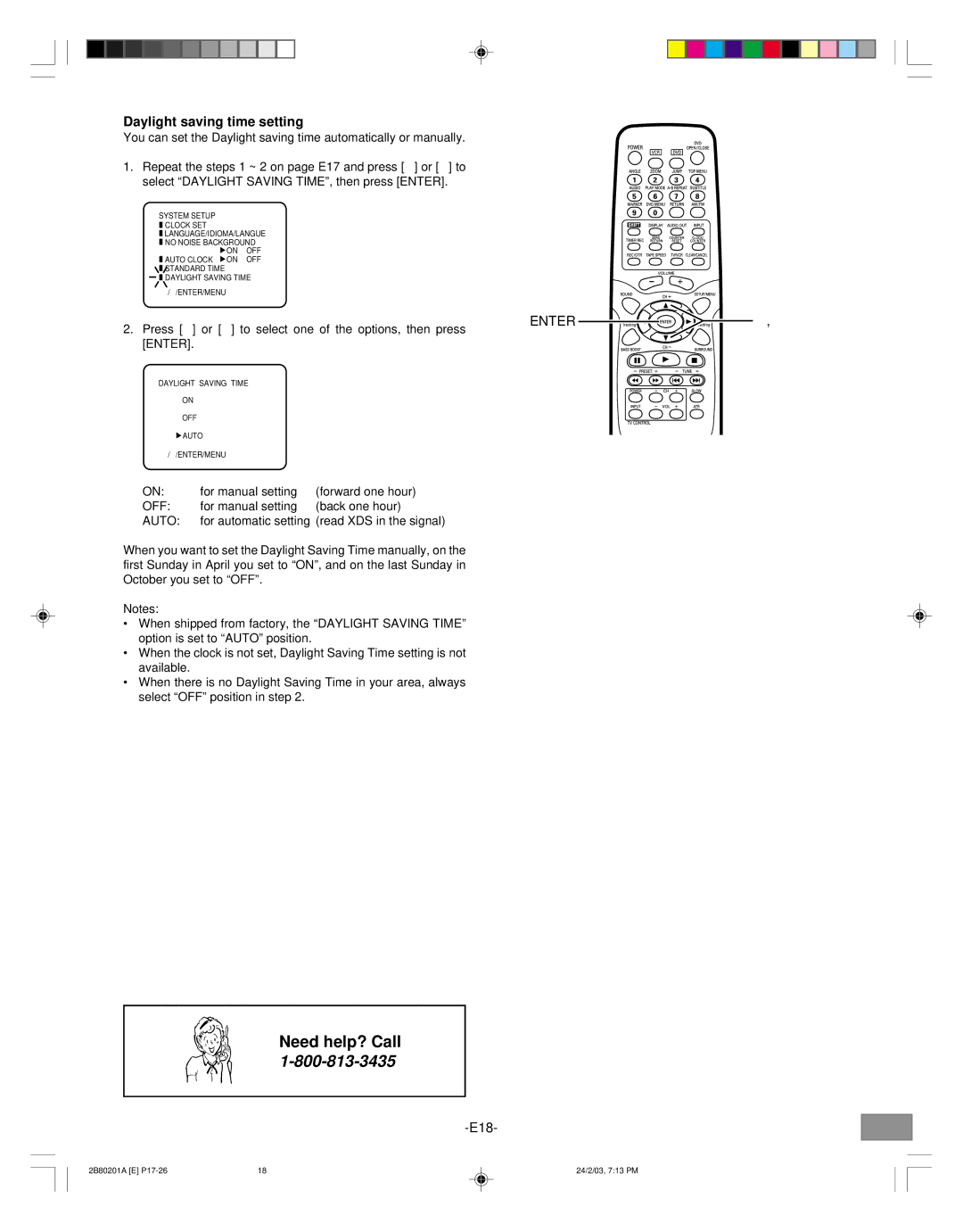 Sanyo DWM-3500 instruction manual Daylight saving time setting, Press 4 or 5 to select one of the options, then press 