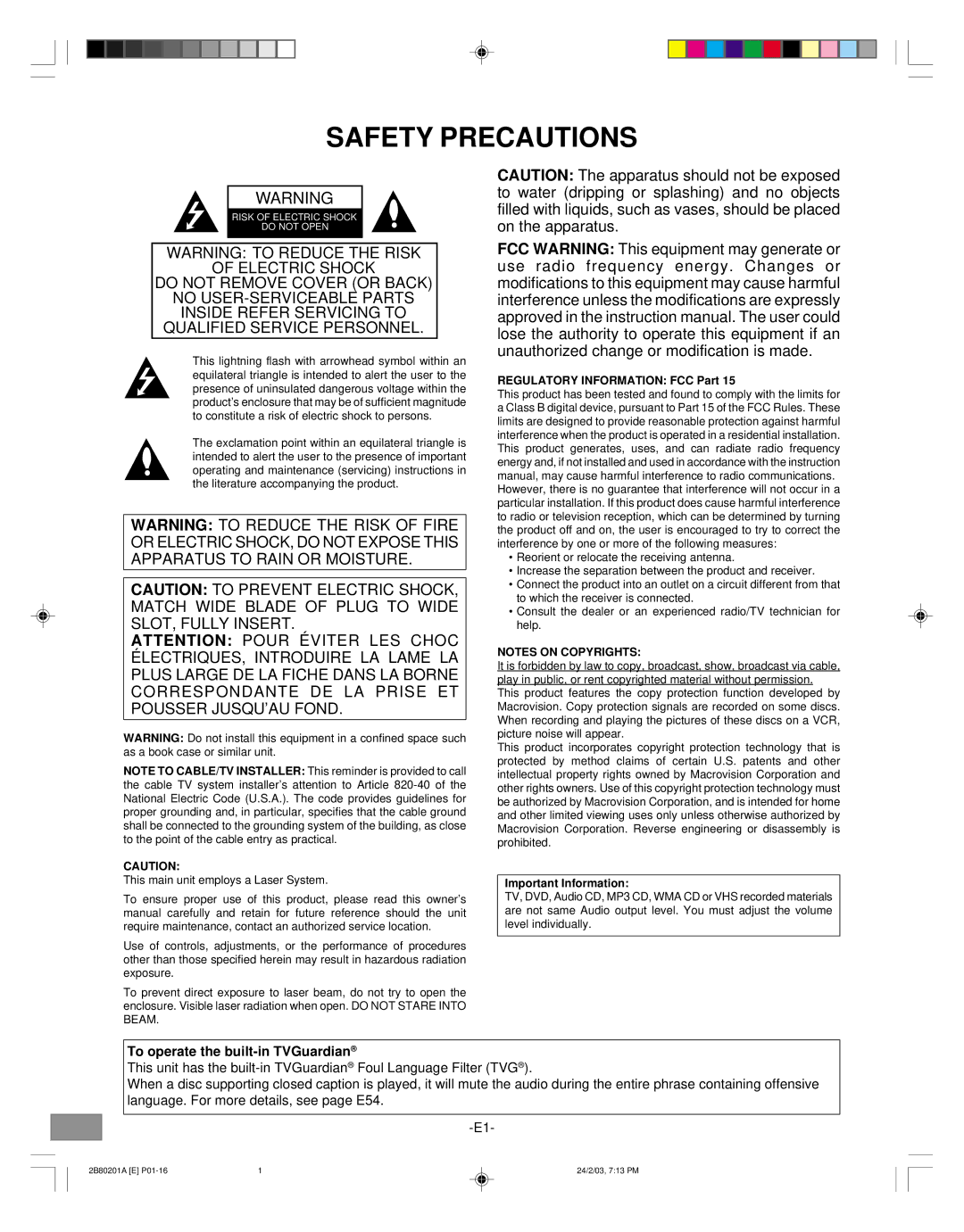 Sanyo DWM-3500 instruction manual Safety Precautions, To operate the built-in TVGuardian 