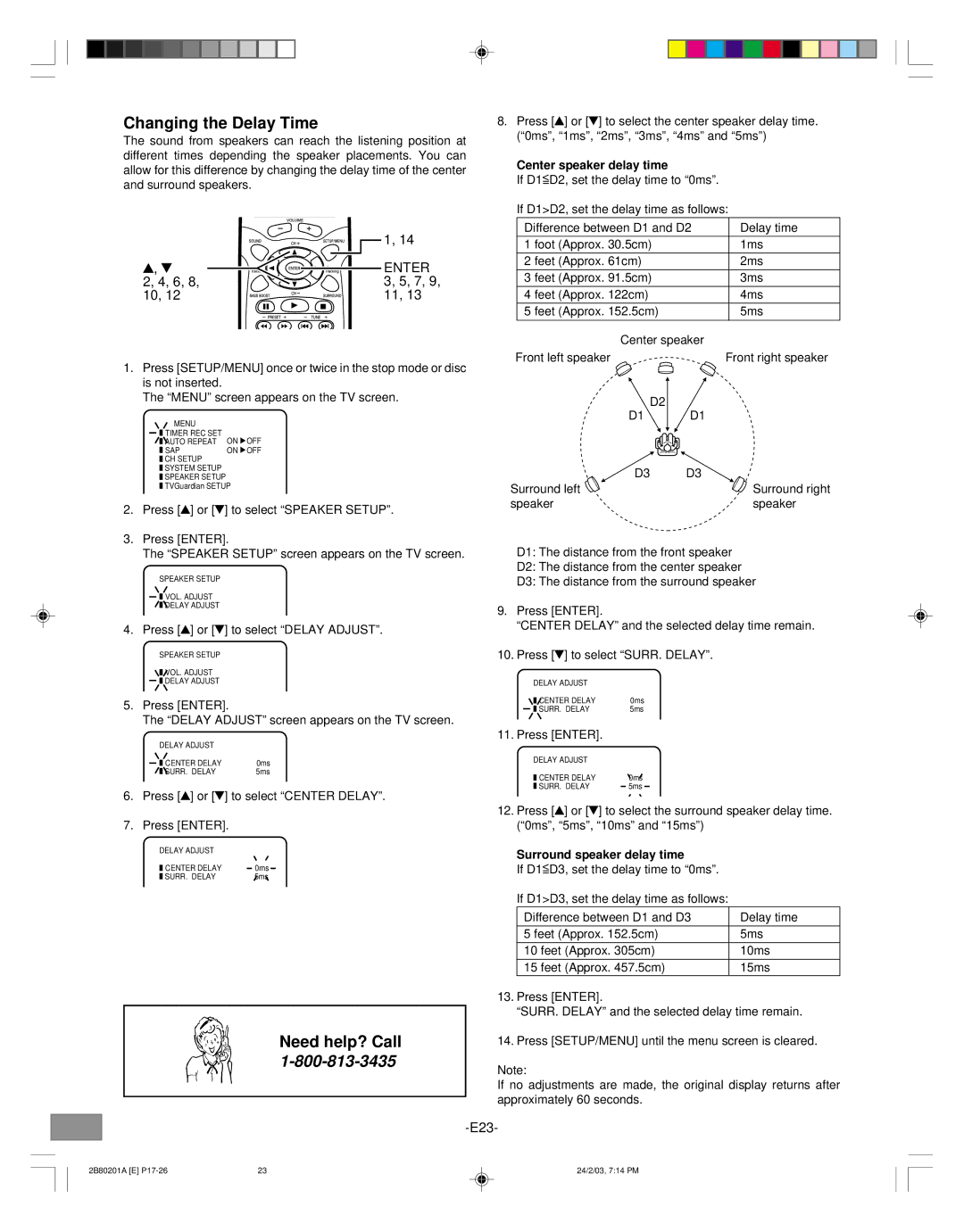 Sanyo DWM-3500 instruction manual Changing the Delay Time, Center speaker delay time, Surround speaker delay time 