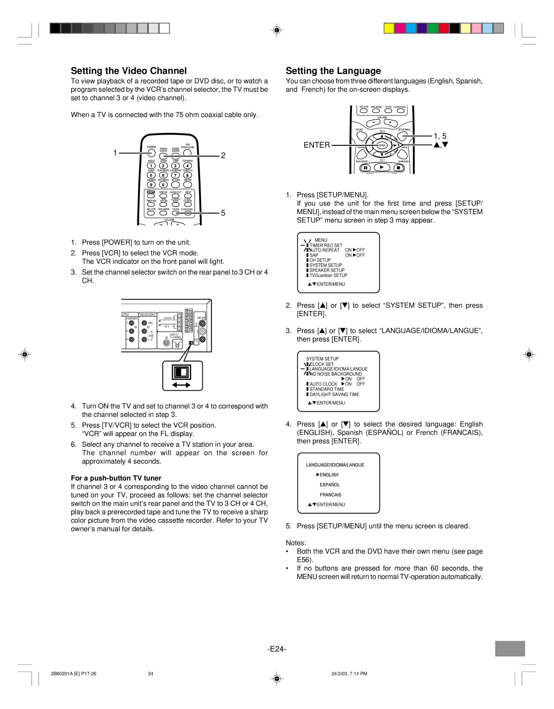 Sanyo DWM-3500 instruction manual Setting the Video Channel, Setting the Language, For a push-button TV tuner 