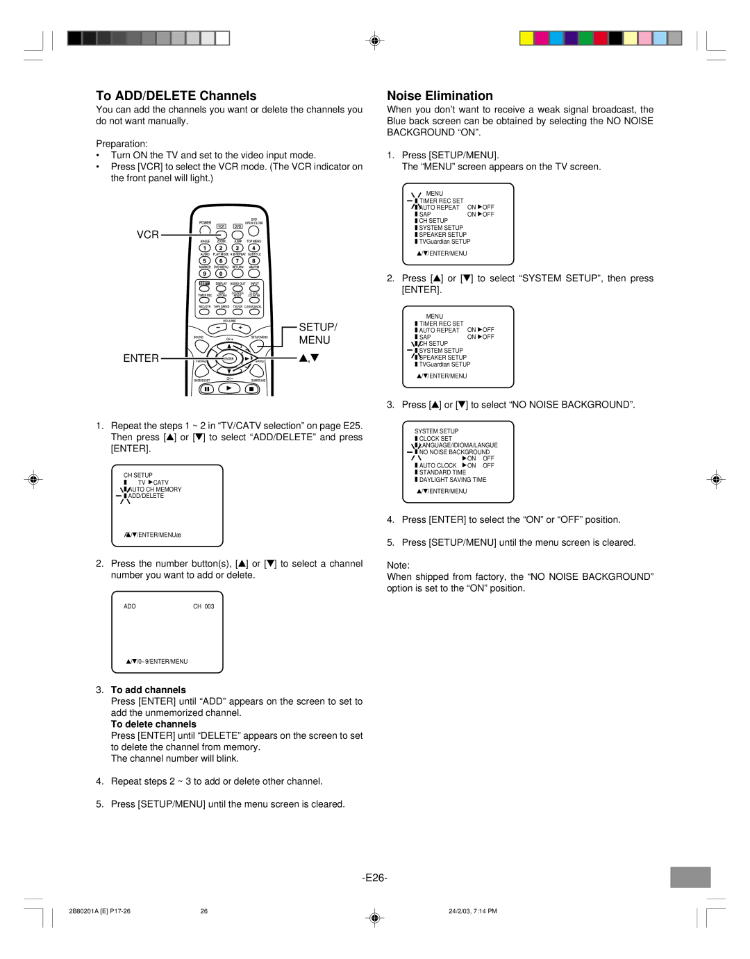 Sanyo DWM-3500 To ADD/DELETE Channels, Noise Elimination, VCR Setup Menu Enter, To add channels, To delete channels 