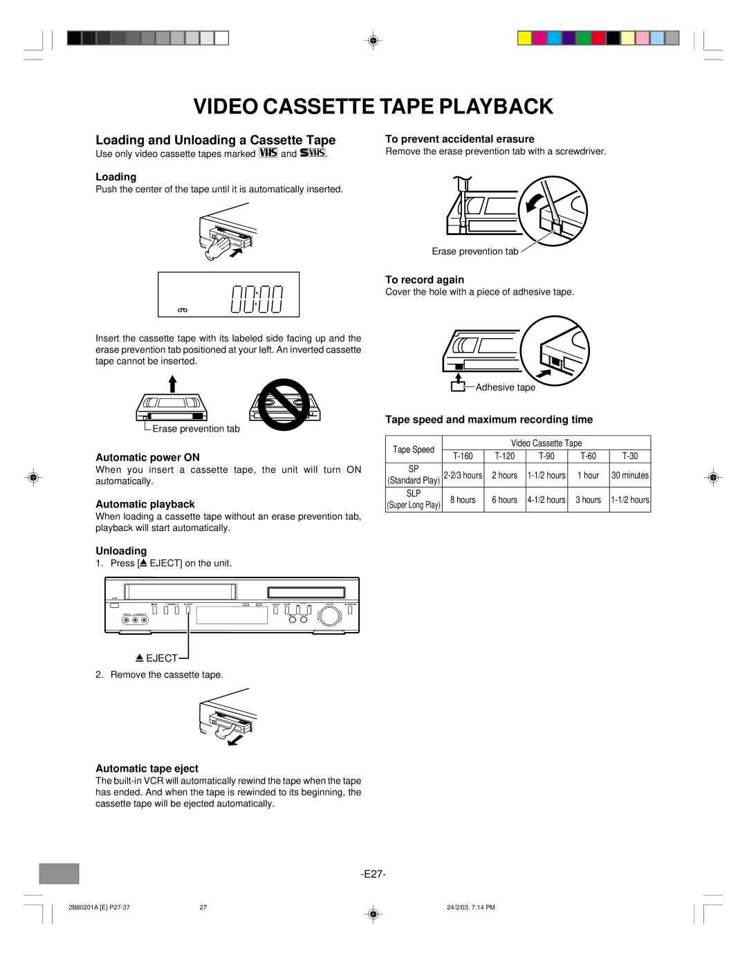 Sanyo DWM-3500 instruction manual Video Cassette Tape Playback, Loading and Unloading a Cassette Tape 