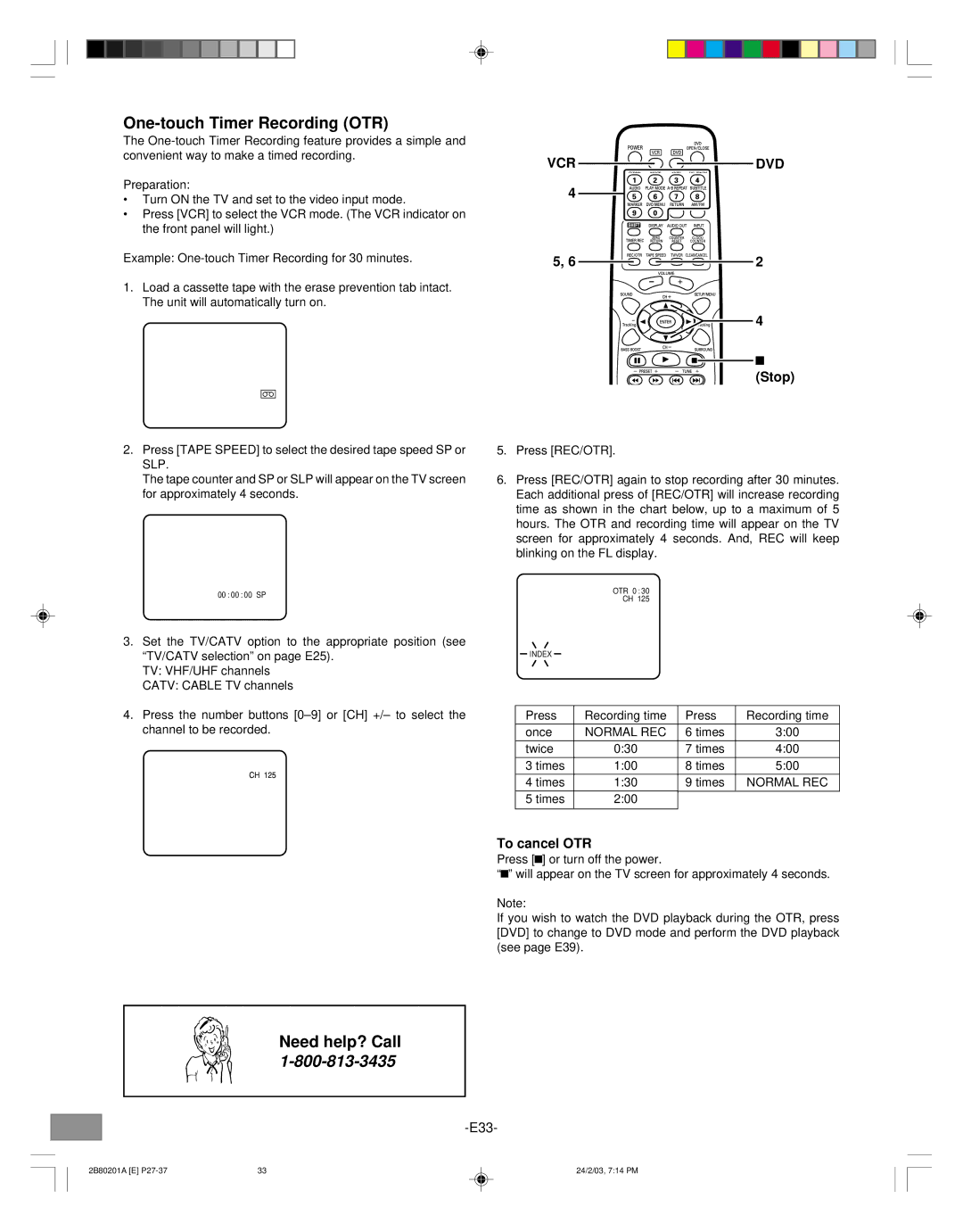 Sanyo DWM-3500 instruction manual One-touch Timer Recording OTR, To cancel OTR 