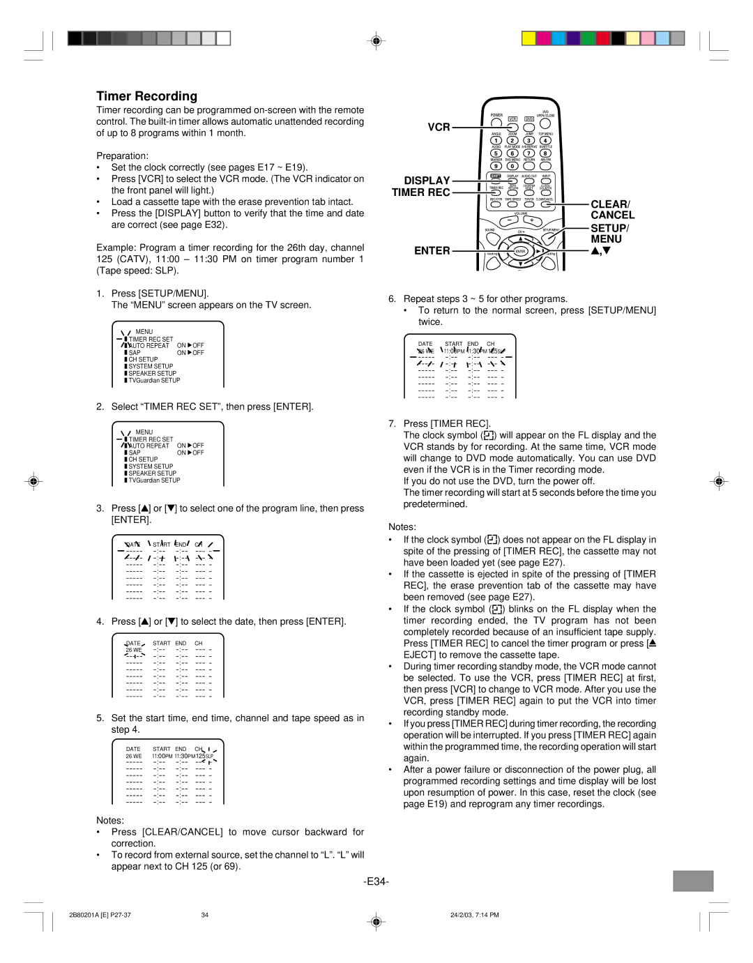 Sanyo DWM-3500 instruction manual Timer Recording, VCR Display Timer REC Clear Cancel Setup Menu Enter 