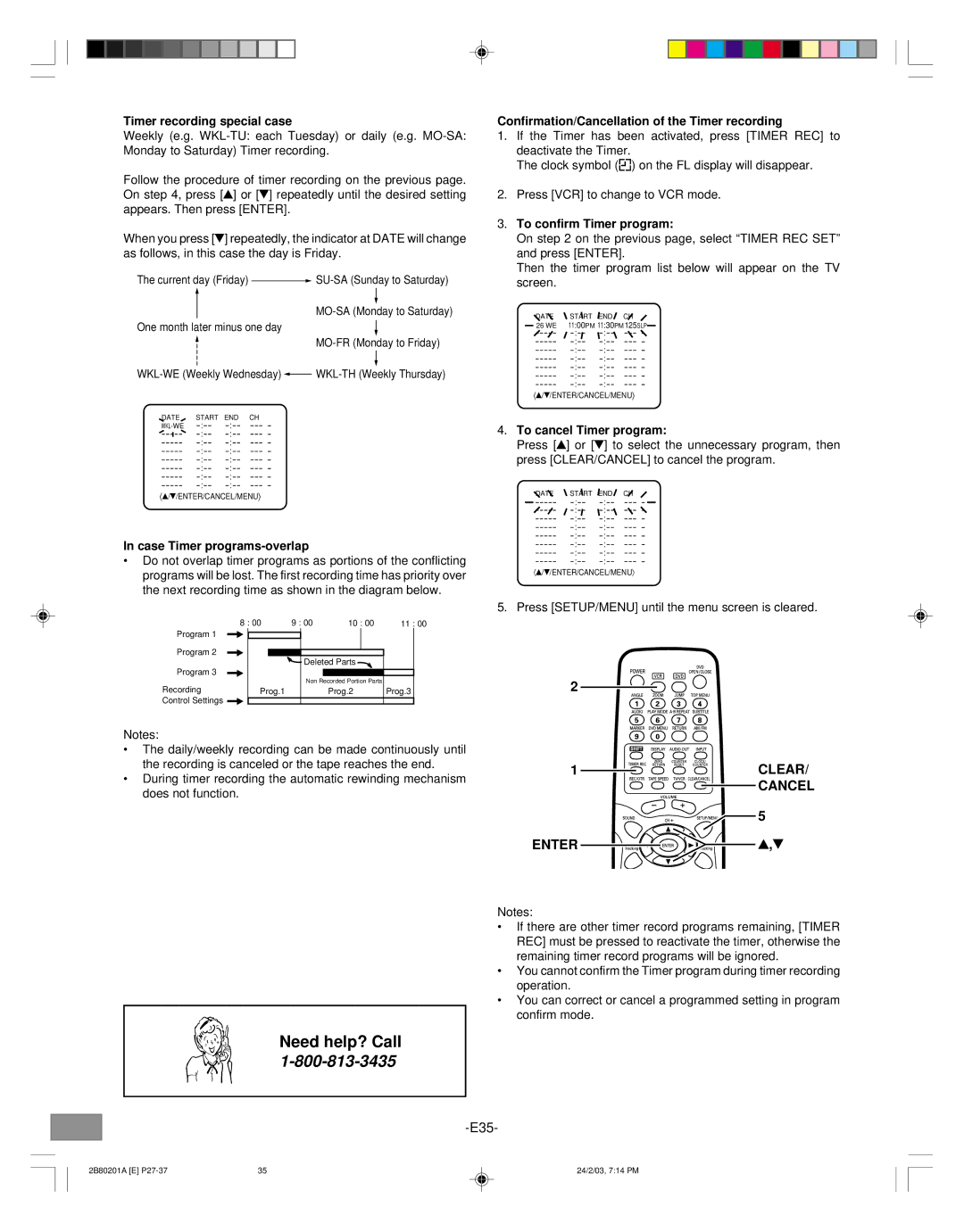 Sanyo DWM-3500 Timer recording special case, Case Timer programs-overlap, Confirmation/Cancellation of the Timer recording 