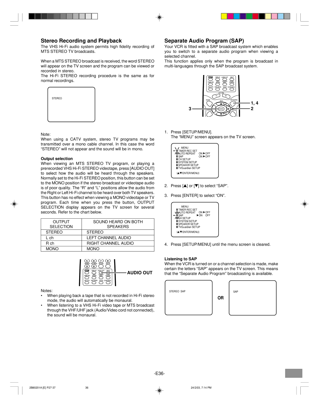 Sanyo DWM-3500 Stereo Recording and Playback, Separate Audio Program SAP, Audio OUT, Output selection, Listening to SAP 