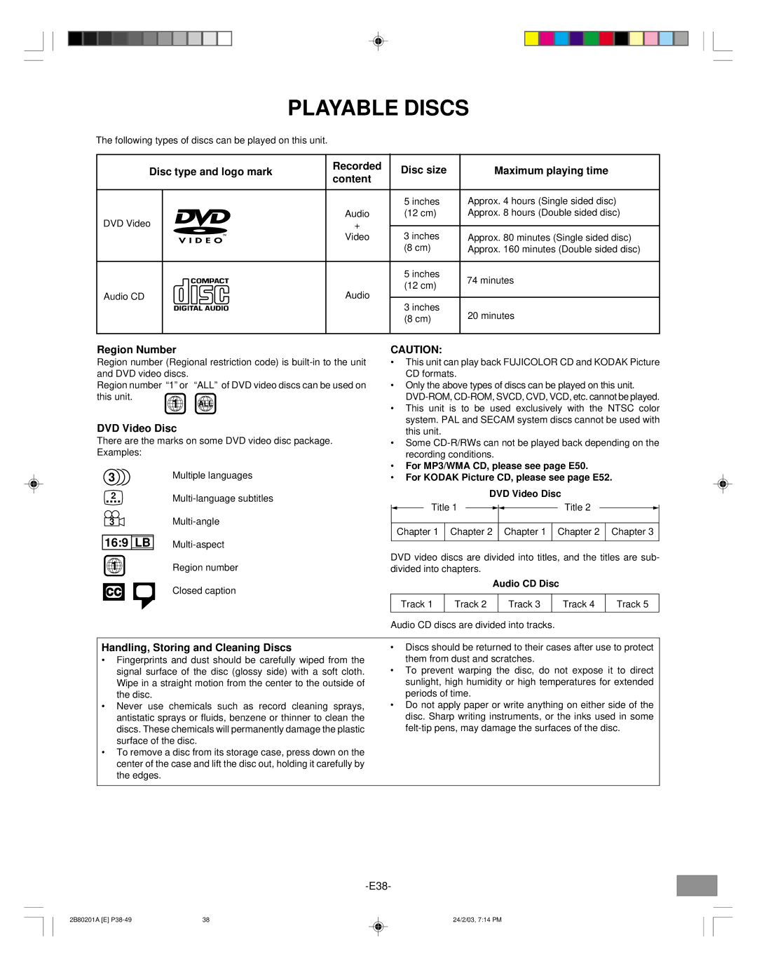 Sanyo DWM-3500 instruction manual Playable Discs, Region Number, DVD Video Disc, Handling, Storing and Cleaning Discs 