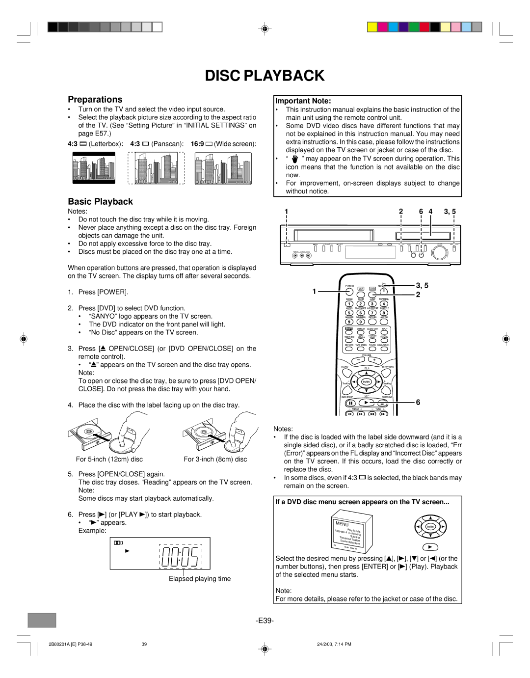 Sanyo DWM-3500 Disc Playback, Preparations, Important Note, If a DVD disc menu screen appears on the TV screen 