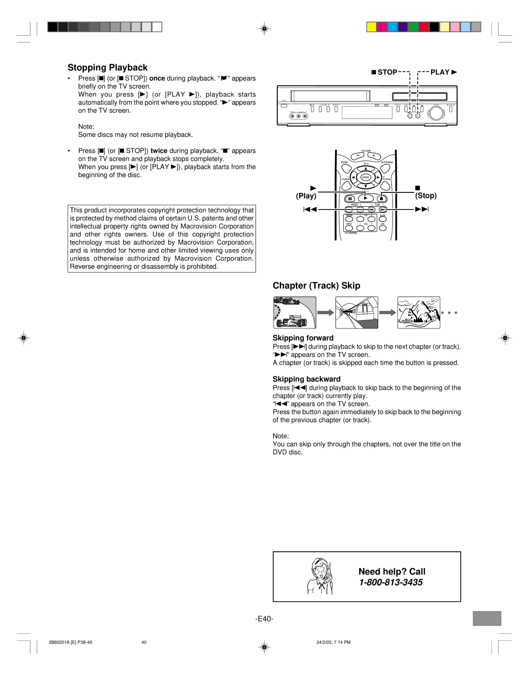 Sanyo DWM-3500 instruction manual Stopping Playback, Chapter Track Skip, Skipping forward, Skipping backward 