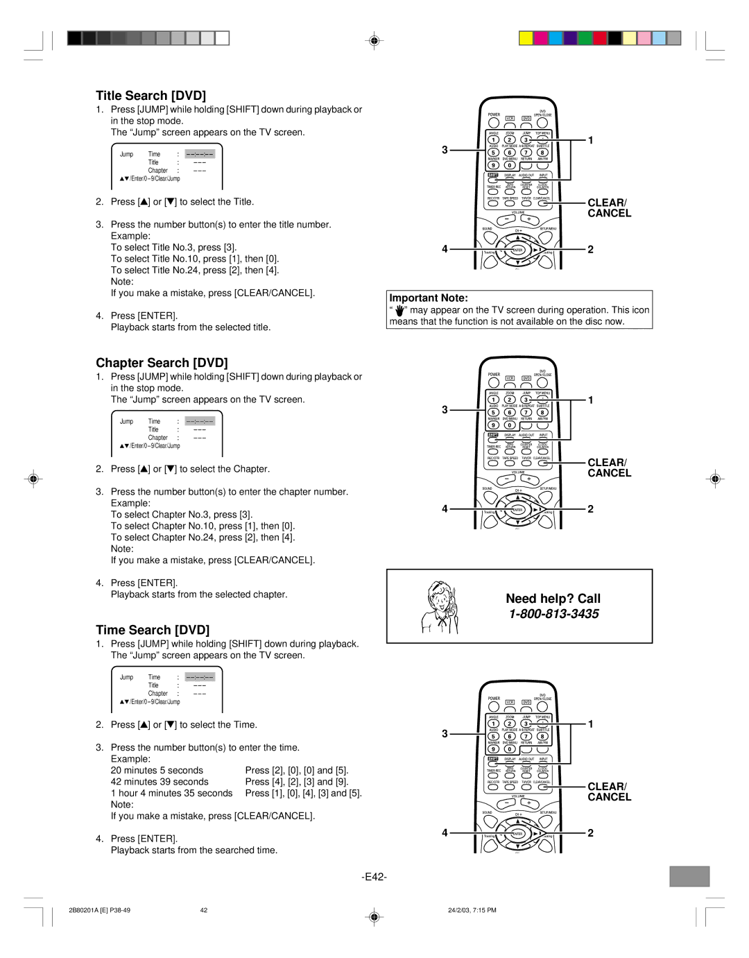 Sanyo DWM-3500 instruction manual Title Search DVD, Chapter Search DVD, Time Search DVD, Clear Cancel 