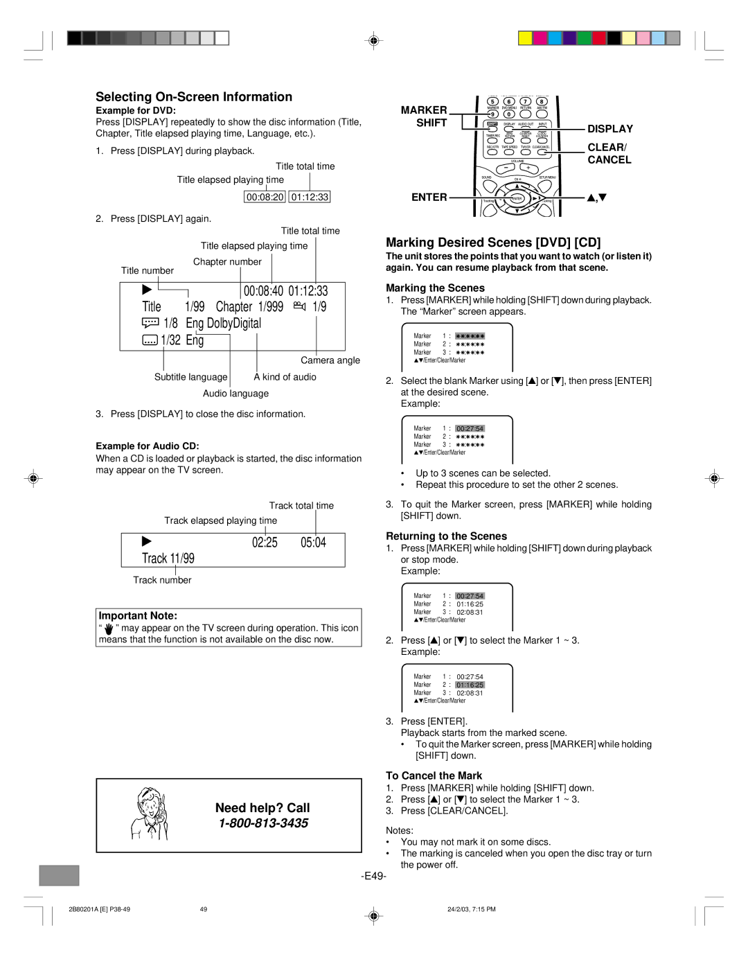 Sanyo DWM-3500 Selecting On-Screen Information, Marking Desired Scenes DVD CD, Marker Shift Display Clear Cancel Enter 