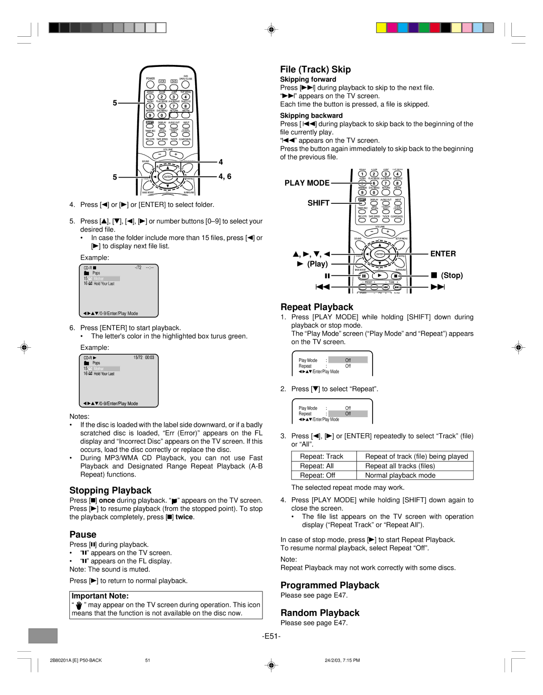 Sanyo DWM-3500 instruction manual File Track Skip, Repeat Playback, Pause, Programmed Playback, Random Playback 