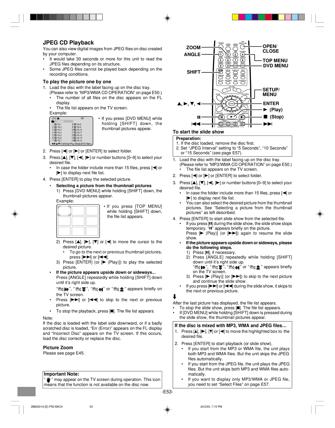 Sanyo DWM-3500 instruction manual Jpeg CD Playback, Zoom Open Angle Close TOP Menu DVD Menu Shift Setup 