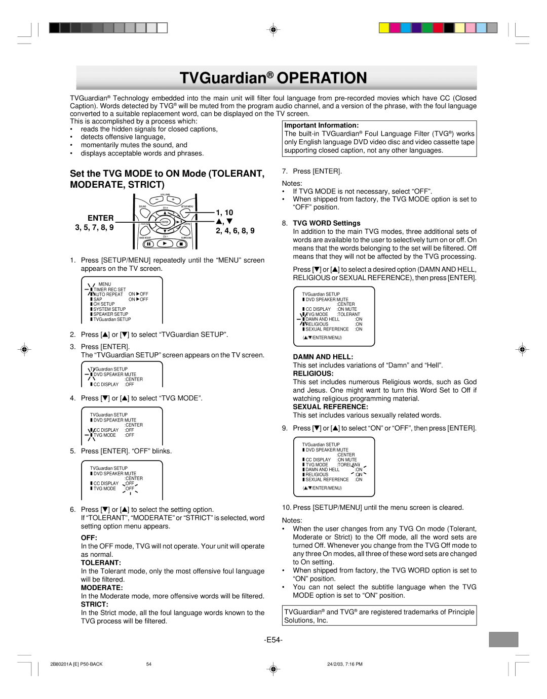 Sanyo DWM-3500 instruction manual Set the TVG Mode to on Mode Tolerant, 7, 8, 6, 8 