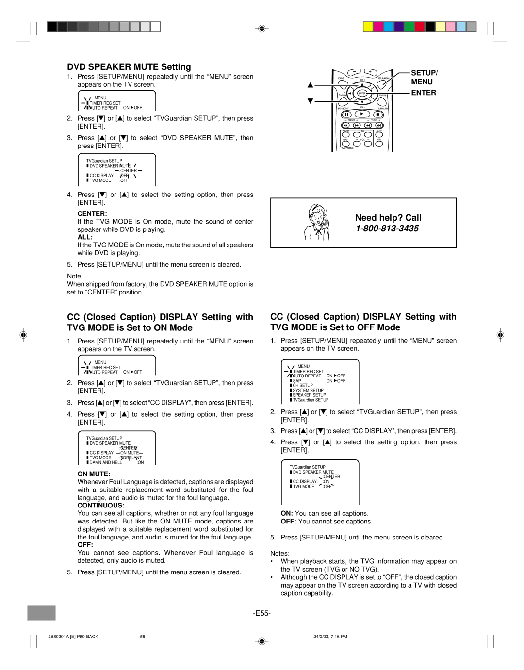 Sanyo DWM-3500 instruction manual DVD Speaker Mute Setting, Center, All, On Mute, Continuous 