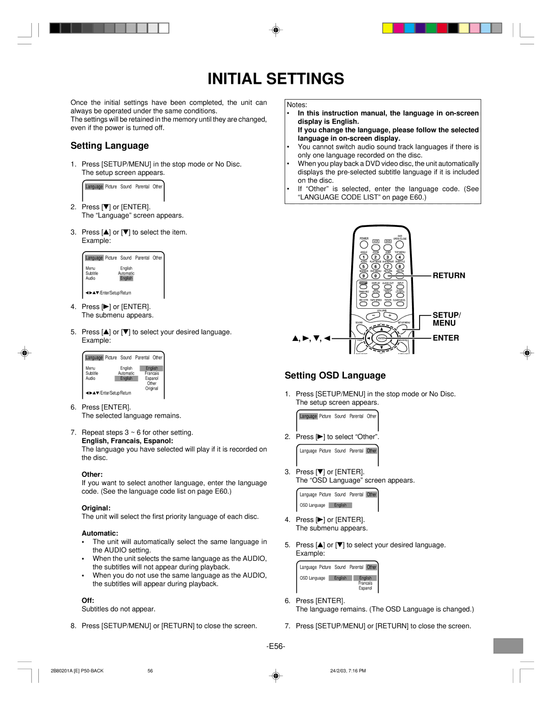 Sanyo DWM-3500 instruction manual Initial Settings, Setting Language, Setting OSD Language, Return Setup Menu 