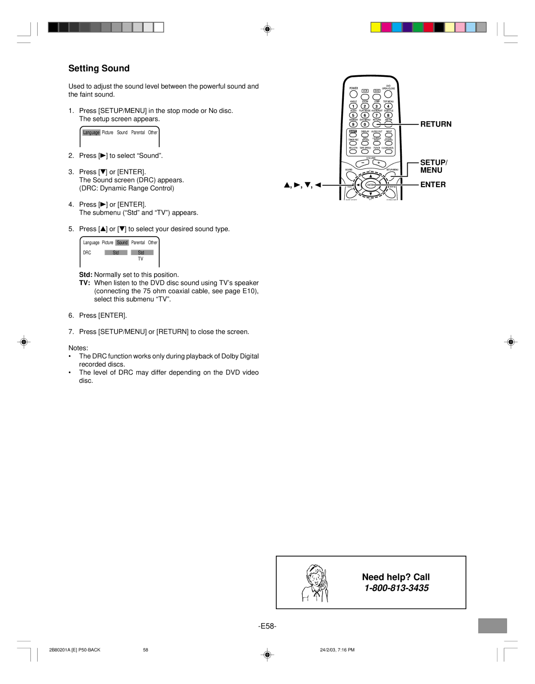 Sanyo DWM-3500 instruction manual Setting Sound, Return SETUP/ Menu Enter, DRC Dynamic Range Control 