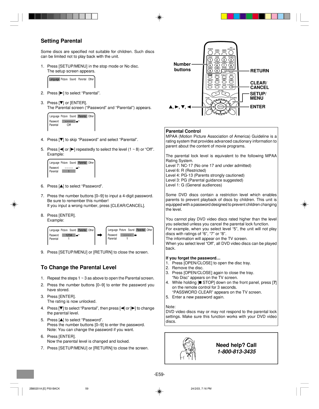 Sanyo DWM-3500 Setting Parental, To Change the Parental Level, Return, Clear Cancel Setup Menu, Parental Control 