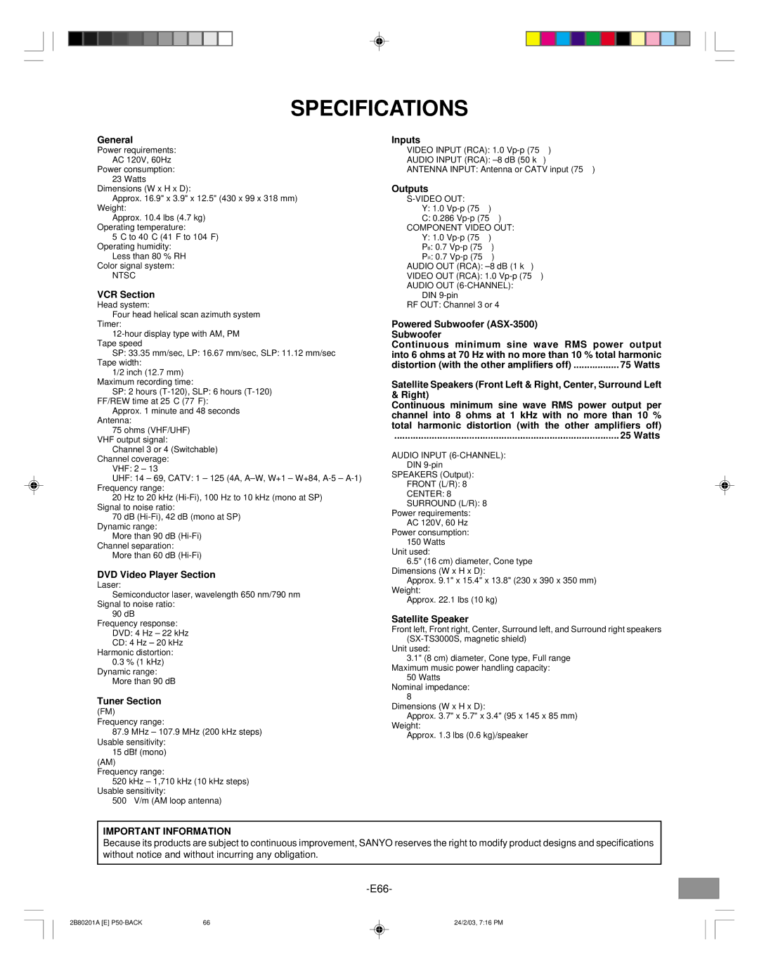 Sanyo DWM-3500 instruction manual Specifications, Important Information 